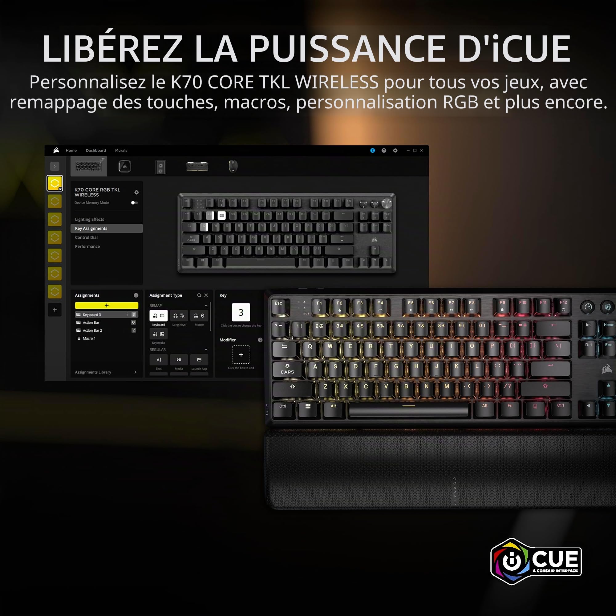 Corsair K70 Core TKL Wireless RGB Tenkeyless Clavier Gaming Mécanique - Commutateurs Linéaires Corsair MLX Red v2-Linéaires Pré-Graissés - SOCD - Amortissement Sonore - ABS Double-Shot Keycaps