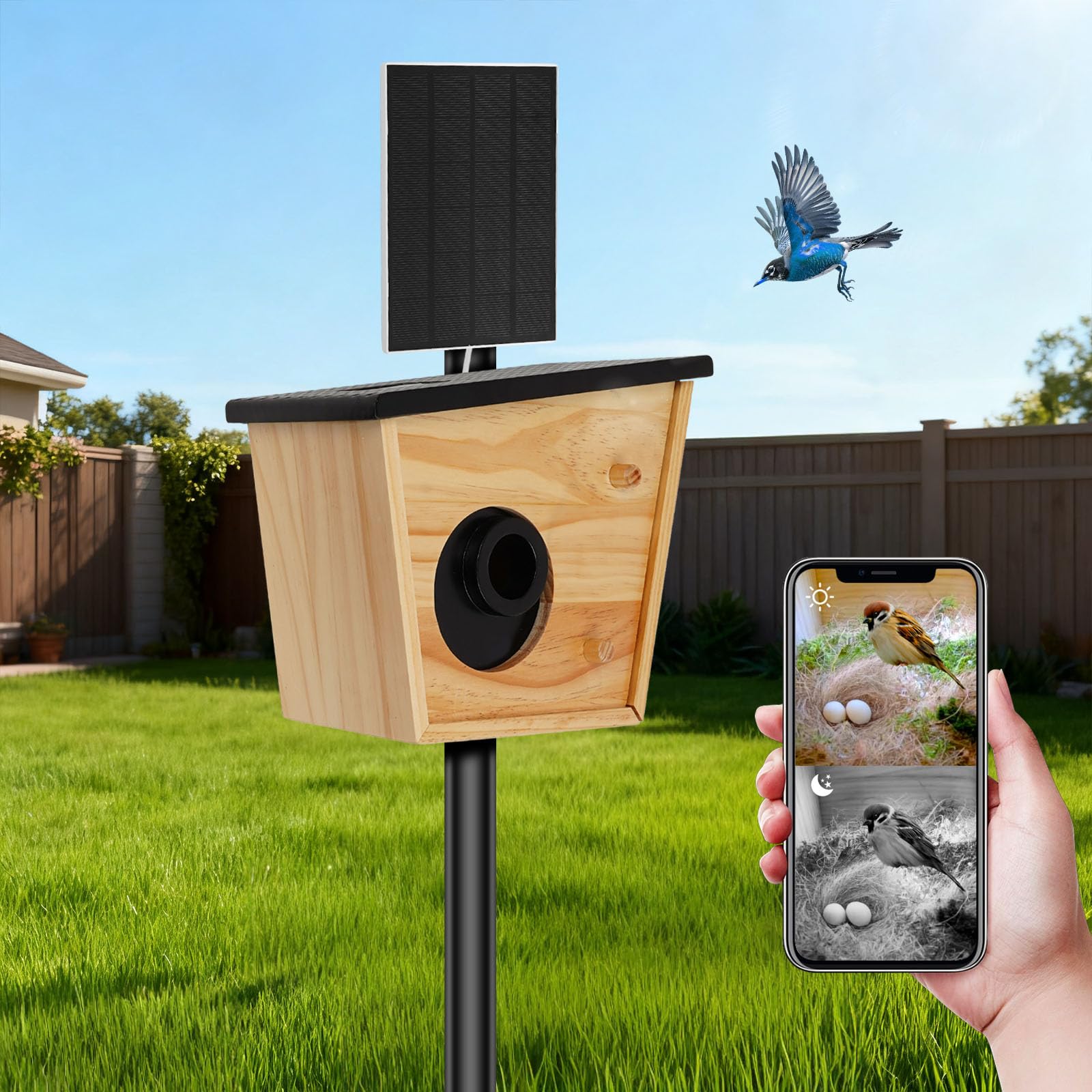 Vogelhaus mit Kamera Solar, Intelligenter Nistkasten mit KI-Vogelerkennung, HD-Nachtsicht & 4400mAh Akku, Wetterfestes Vogelfutterhaus für Draußen mit 35mm Eingang, Vogelbeobachtung für Garten & Balko