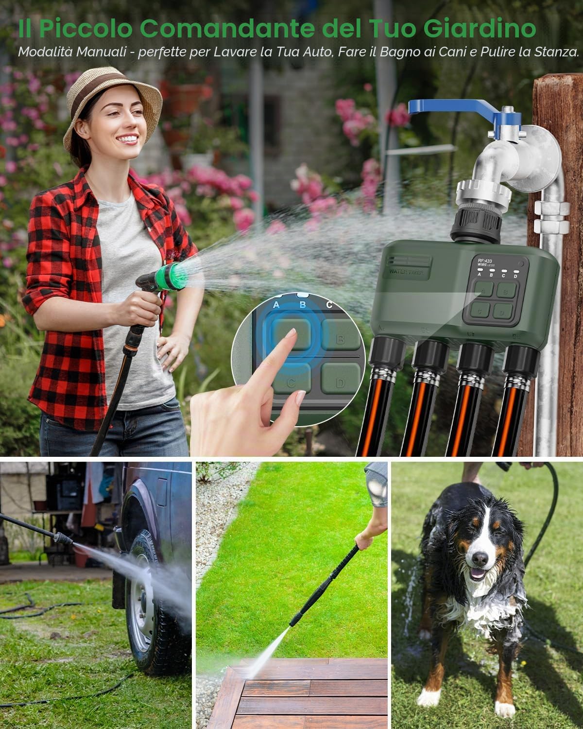 Timer per Irrigazione Wifi 4 Vie a Batteria Smart Programmabile Automatica Water Temporizzatore per Esterno Giardino Prato Orto