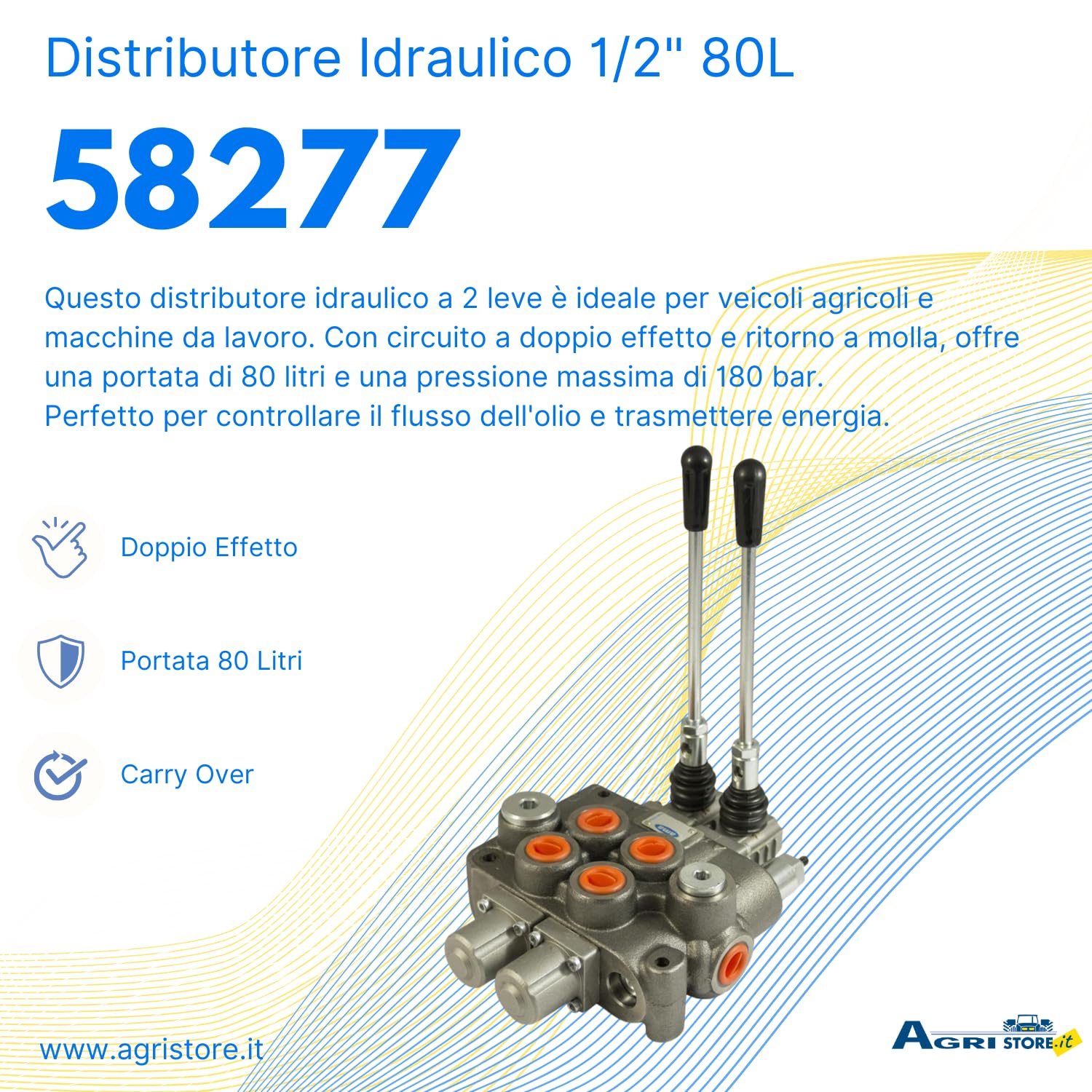 Distributore Idraulico Ama 2 Leve Doppio Effetto 80L 180 Bar