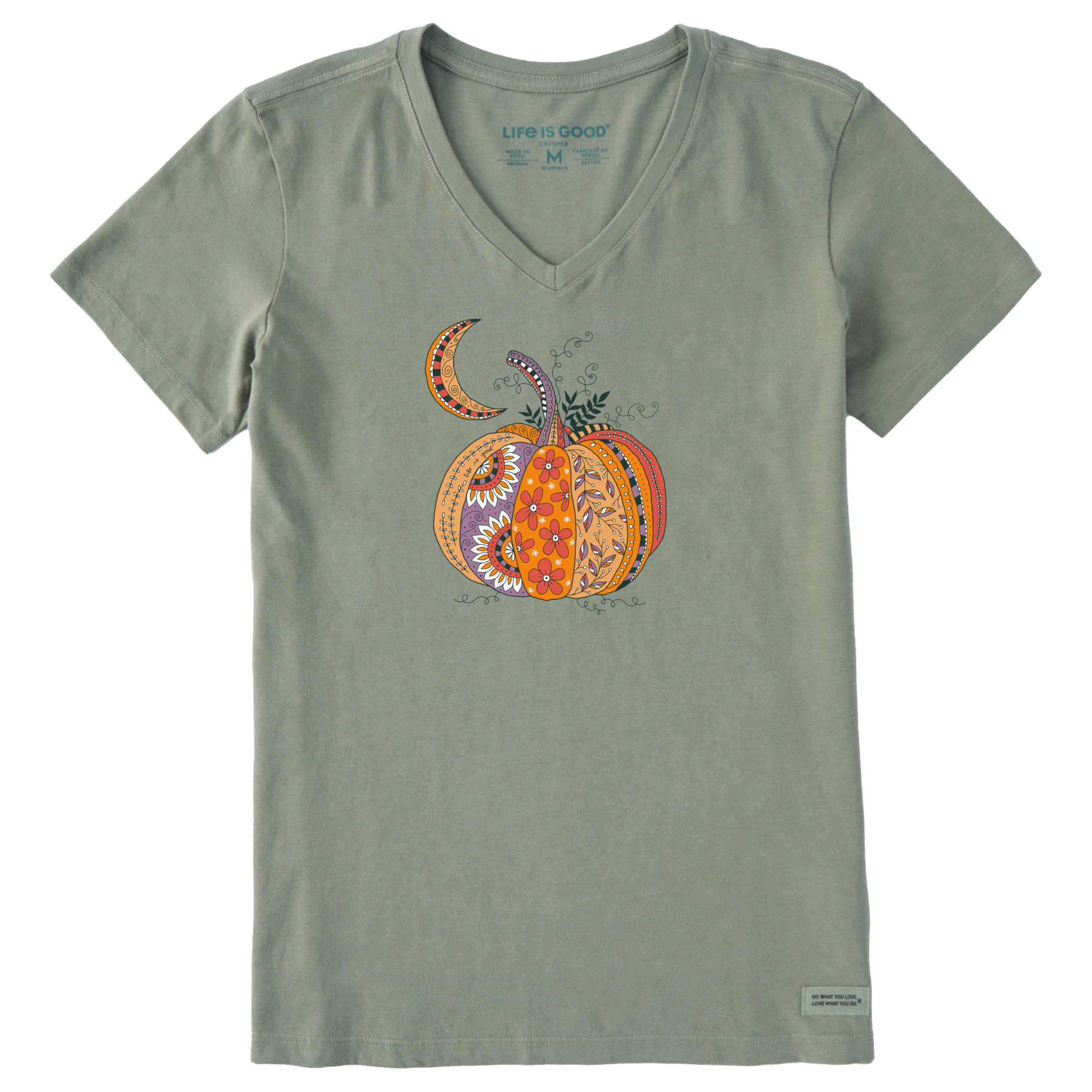Life Is Good Crusher tee Shirt, Short Sleeve Cotton Graphic T-Shirts, Doodle Pumpkin Crusher - Camiseta de Manga Corta de algodón con gráfico de Calabaza Mujer (Pack de 1)