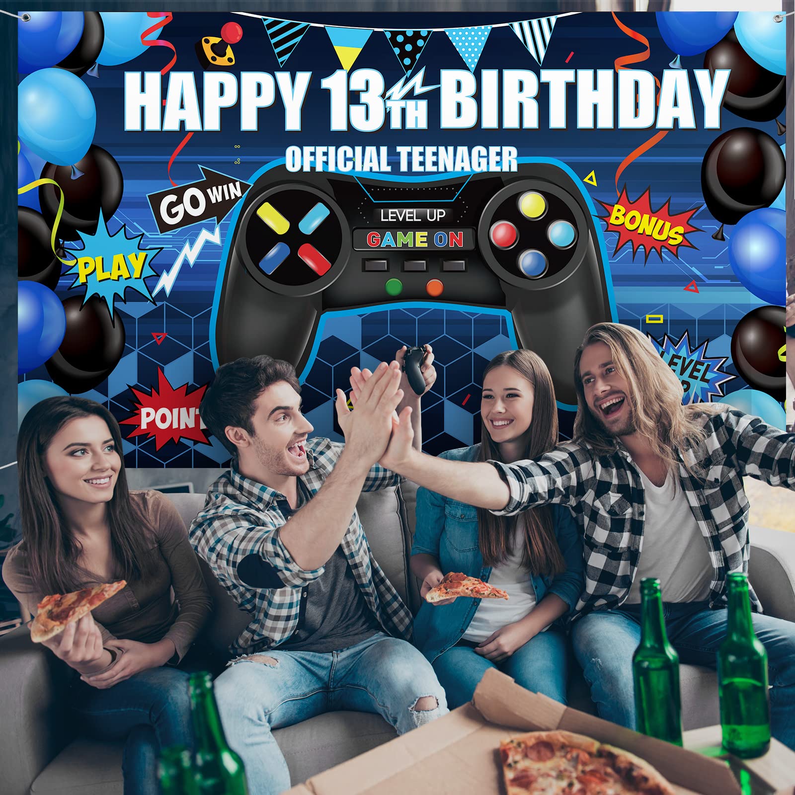 Happy 13th Birthday Video Game Backdrop Banner, Level 13 Up Birthday Background with Game Controller Print Gaming Theme for Photography, Photo Props, Video Game Party Wall Decoration (Blue)
