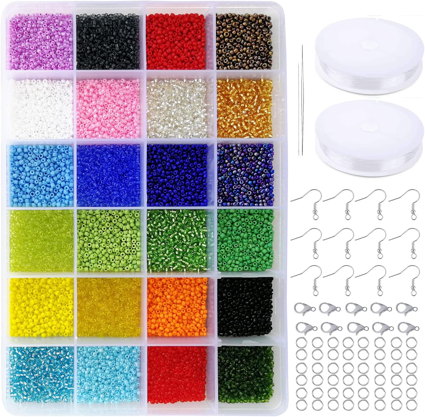 Glass Seed Beads Assorted Kit - Size 12/0 (2mm Tiny), 48 Multicolor Options (48,000pcs Total) with Organizer Box for Adult DIY Jewelry Making