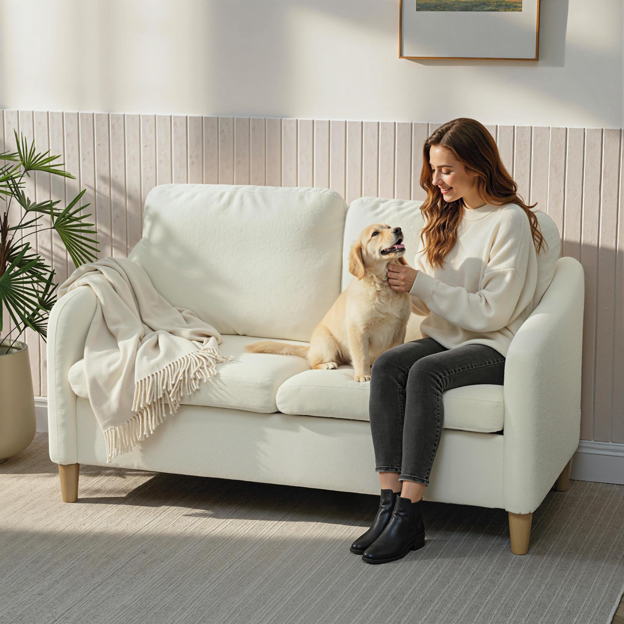 HOMCOM Sofa 2 Sitzer mit Sherpa-Fleece-Optik 137 cm Cremeweiß | Kleine Couch, Dick Gepolstert, Modernes Polstersofa, Doppelsofa, Wohnzimmer, Schlafzimmer
