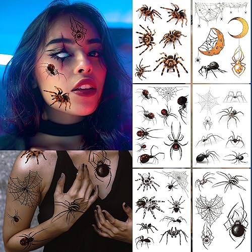 6 hojas de calcomanías temporales de tatuaje de araña aterradora 3D de telaraña de Halloween, impermeables, calcomanías de tatuaje de araña,