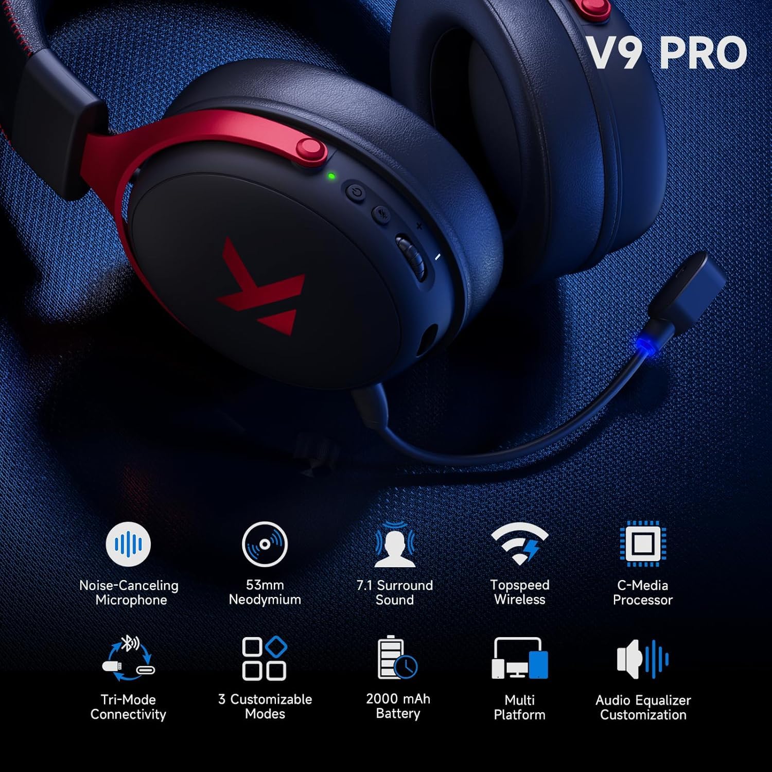 MCHOSE V9 Pro Nero Rosso 7.1 Surround Wireless Gaming Headset (HW-V9-4)
