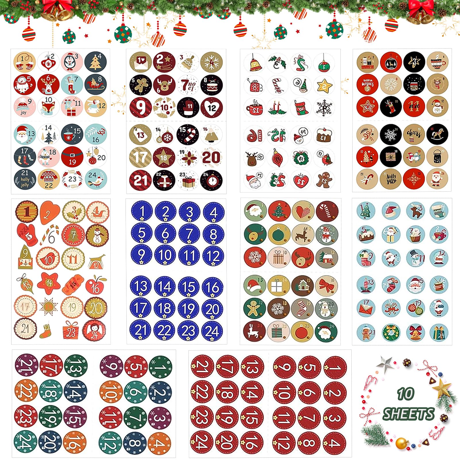 10 Fogli Adesivi Calendario Dell'Avvento - Numeri 1-24 Natalizi | Per Decorazioni Fai Da Te E Regali - Foto 4