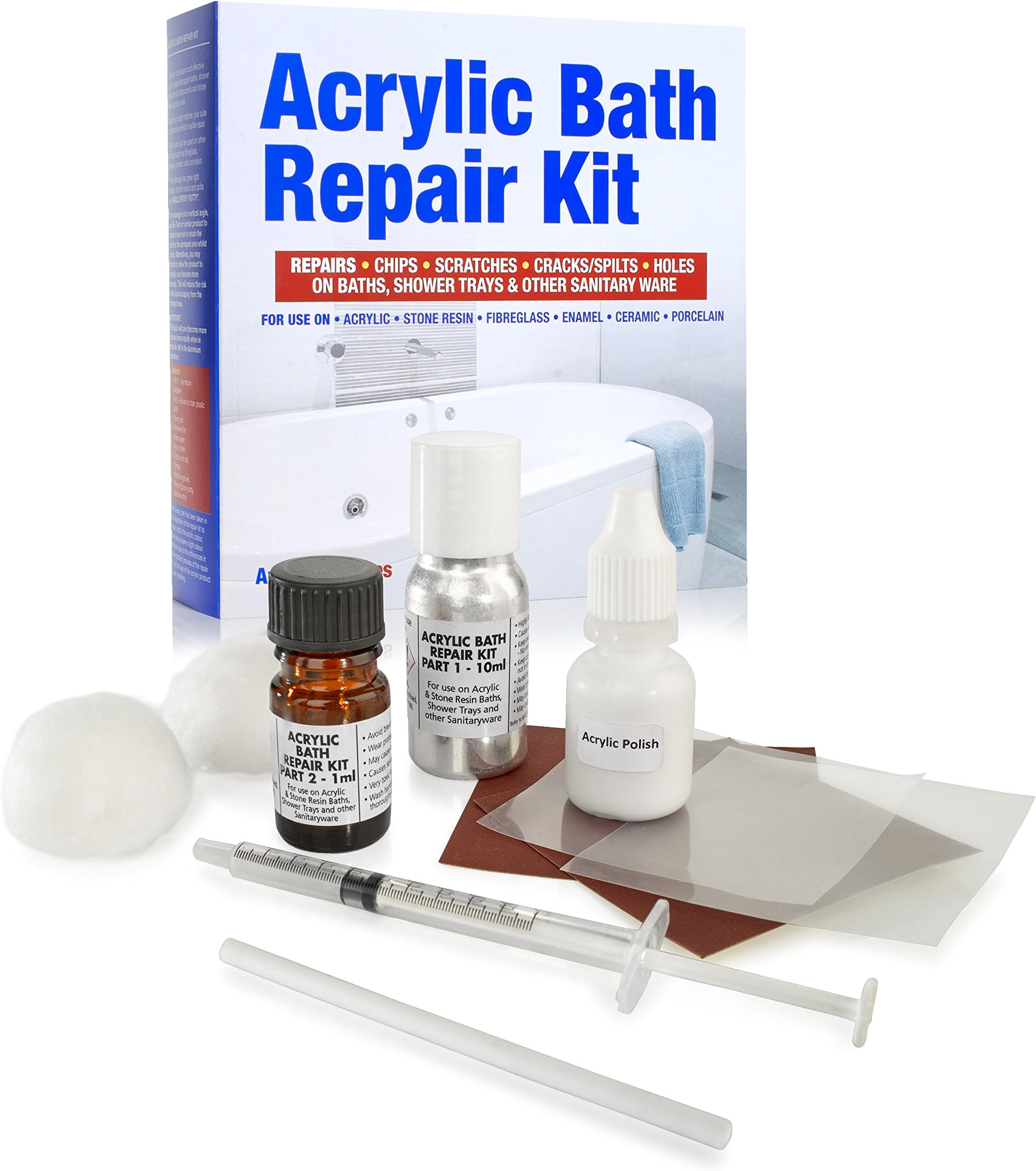 Acrylic Bath Repair Kit White, for Repairing Chips, Scratches, Dents & Hairline Cracks on Acrylic, Fibreglass and Stone Resin Baths & Shower Trays