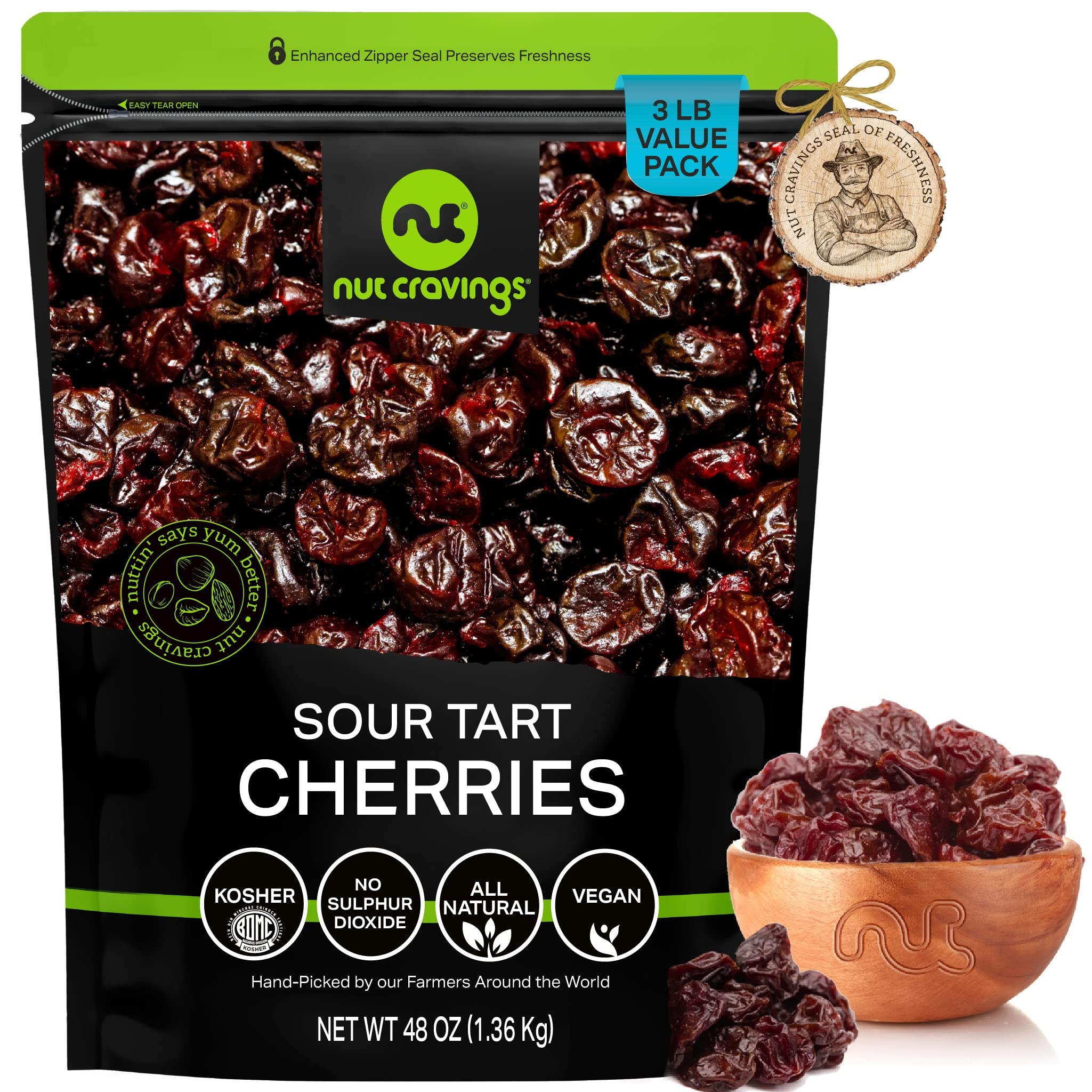 Nut CravingsDry Fruits - Sun Dried Sour Tart Cherries, Lightly Sweetened (48oz - 3 LB) Packed Fresh in Resealable Bag - Sweet Snack, Healthy Food, All Natural, Vegan, Kosher Certified