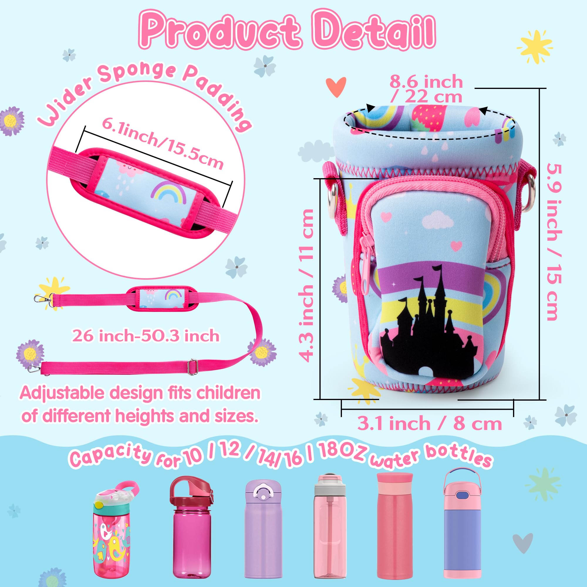 2OOYA Princess Castle Water Bottle Carrier Bag for Girls, Cute Castle Water Bottle Holder with Padded Strap Pocket - Image 2