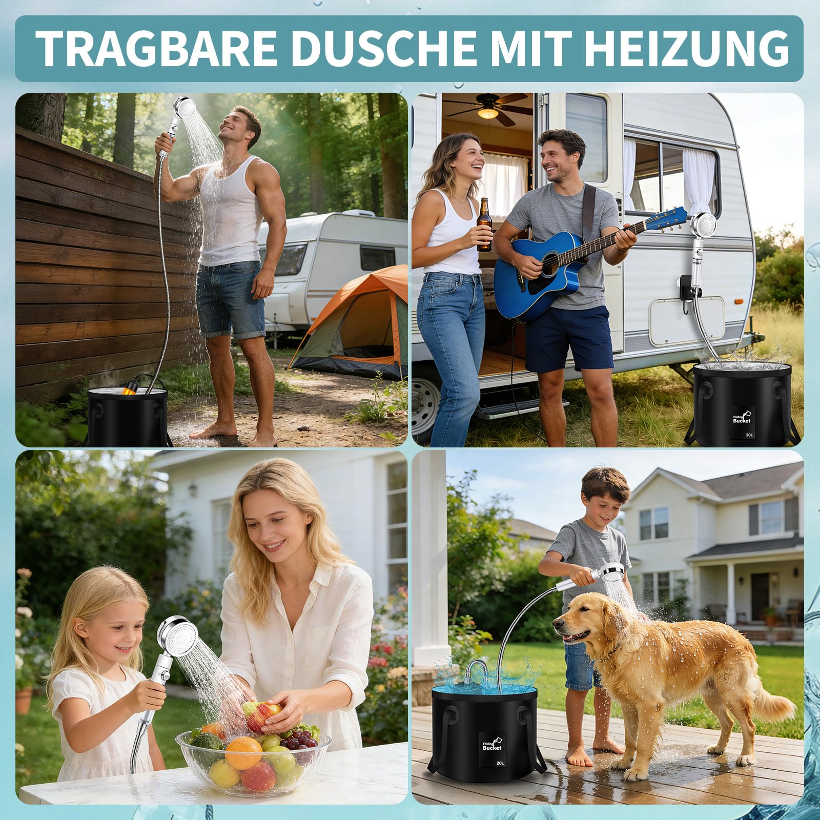 JONRRYIN Douche de camping chauffante, douche mobile d'extérieur avec affichage de la température de 6000 mAh, pommeau de douche filtrable et réservoir d'eau de 20 L pour jardin, lavage de voiture