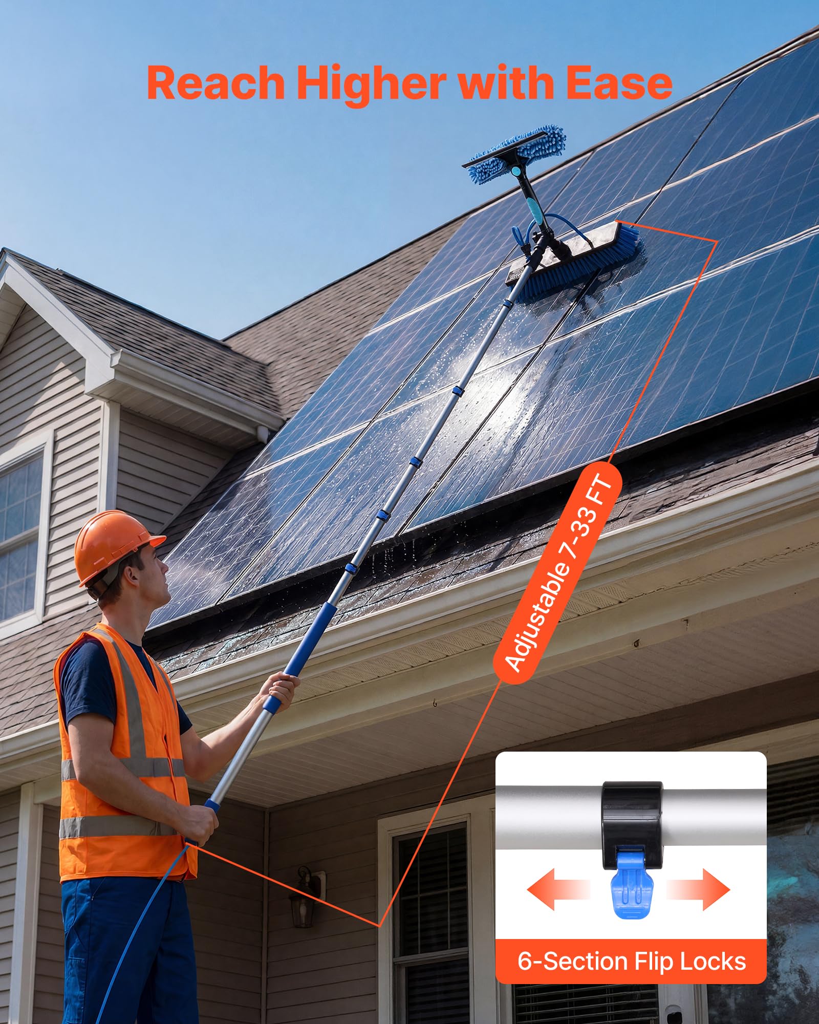VEVOR Kit de Limpieza de Paneles Solares con Pértiga Telescópica 10 m, Cabezal Giratorio, Suministro de Agua, Dispensador de Jabón, Kit de Cepillo de Limpieza con Manguera 20 m para Terrazas Ventanas