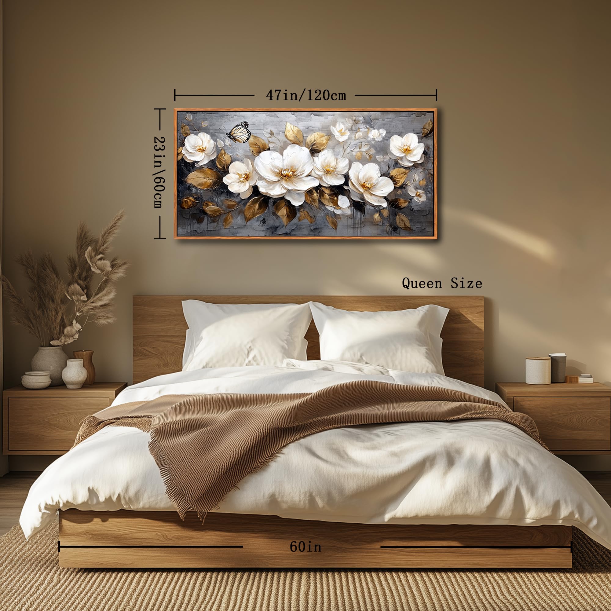 hyidecorart Goldene Blumen Leinwand Bild mit Rahmen Holz, 60x120 cm XXL Wandbilder Wohnzimmer Modern Bilder, Wanddeko Aesthetic Schlafzimmer Badezimmer Kunst Büro Zimmer Esszimmer