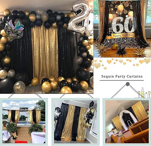 Miniatura 4 de TCBESTO Cortina de telón de fondo de lentejuelas negras y doradas, 4 paneles de 2 x 8 pies, cortinas de fondo con purpurina brillante, telón de