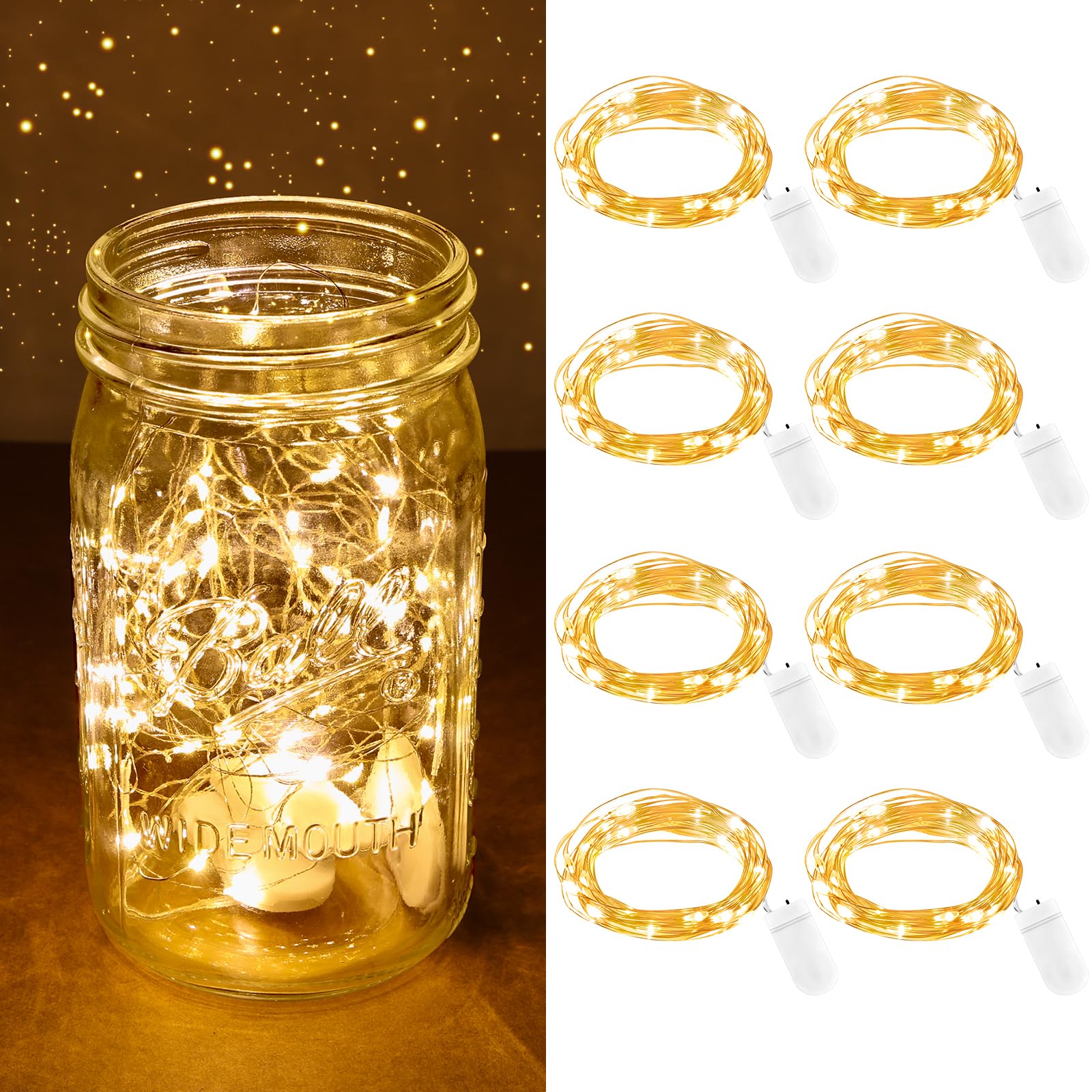 AOOTE LED Mini Lichterkette mit Batterie, 8 Stück 2m 20 LED Batterie Knopfzelle Partybeleuchtung, Lichterketten aus Kupferdraht Warmweiß für Party Hochzeiten Innen und Außen Weihnachtsdeko
