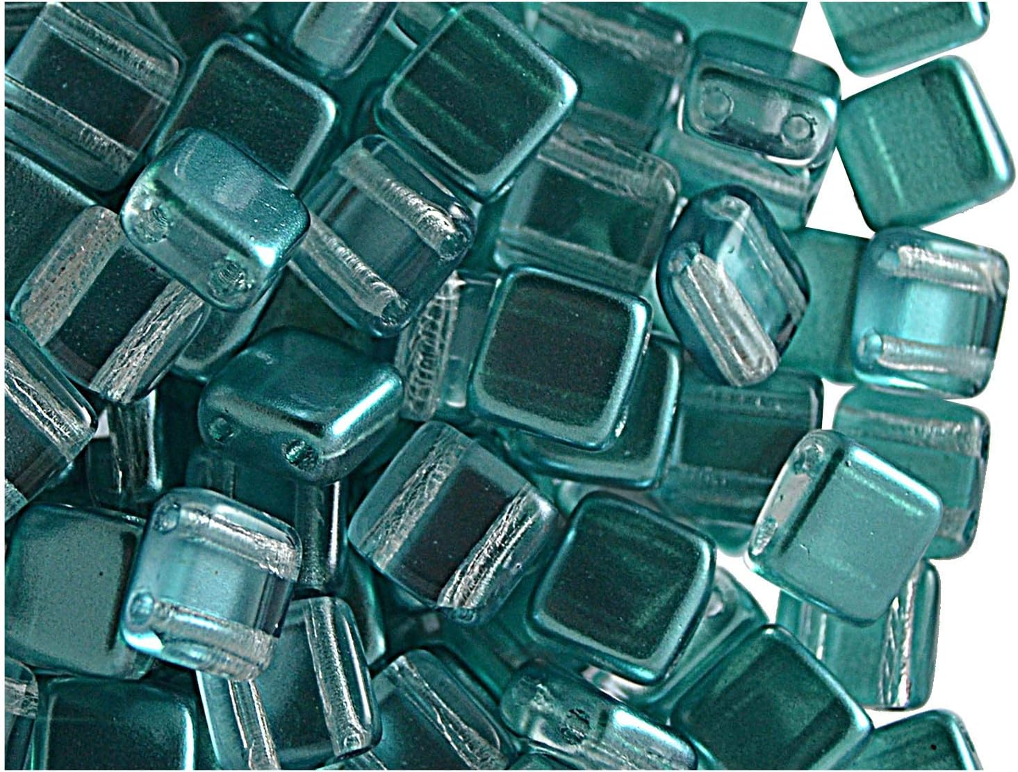 40 Pieces Czech Pressed Glass Beads Tile 6x6x3.2mm, Two Holes, Pearl Coating Estrela, Blue- Green