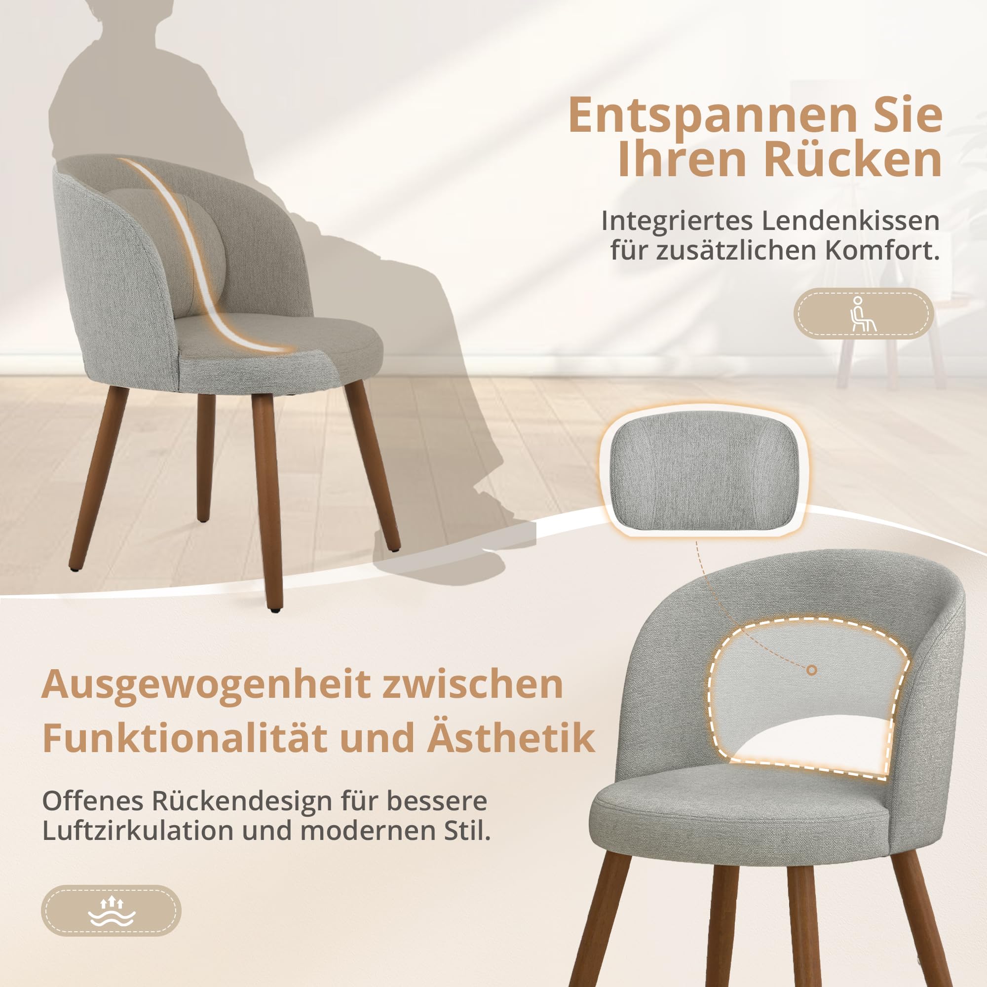 LUE BONA Esszimmerstühle 4er Set, Polsterstuhl mit Lendenkissen & Holzbeinen, Modern Küchenstühle mit gebogener Rückenlehne, Stoff Essstühle für Esszimmer, Küche, Wohnzimmer, Leinen-Optik, Grau