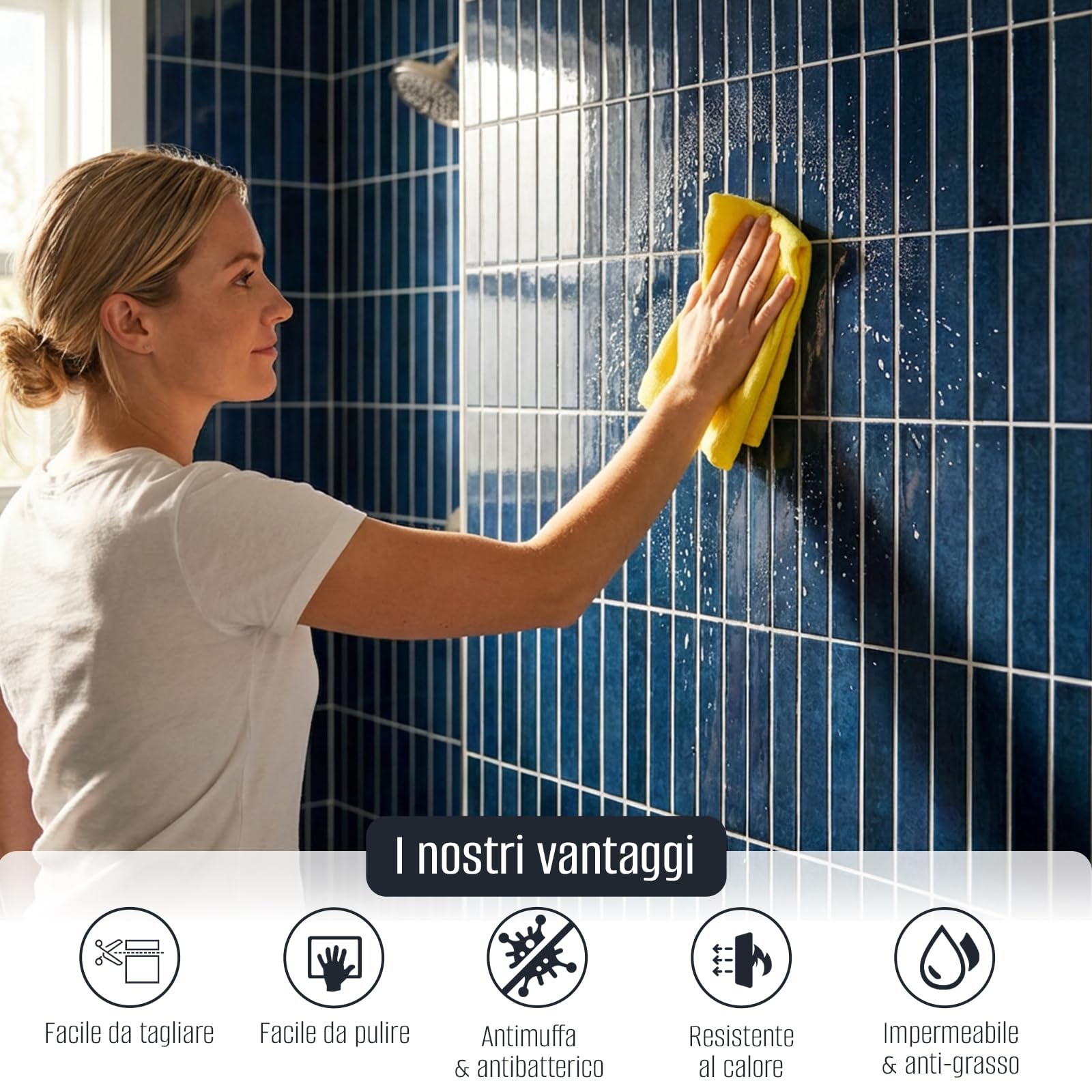 Adesivi per piastrelle 3D, autoadesivi, 30 x 30 cm, per soggiorno, camera da letto, cucina, bagno (Blu – Nero)