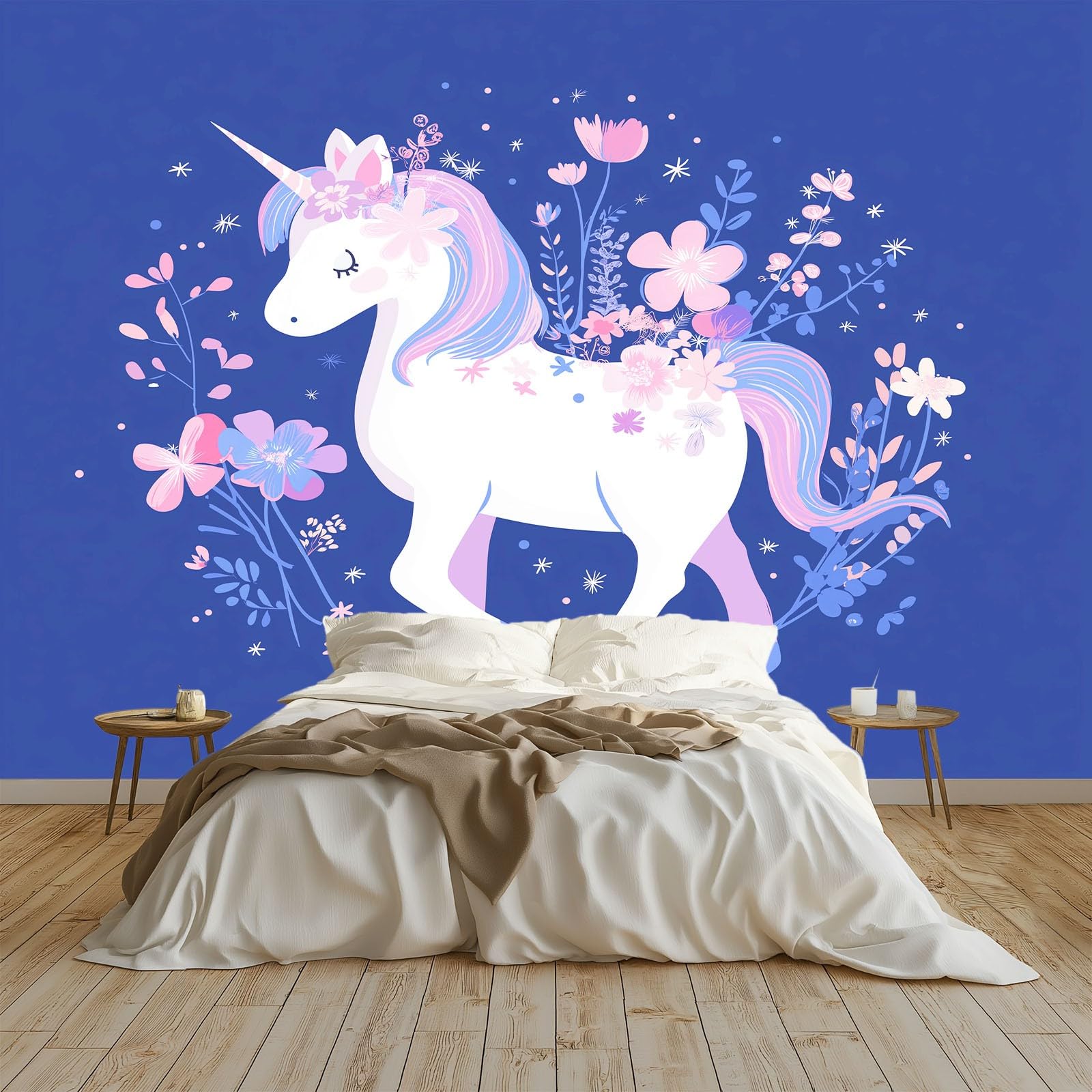 Fantasy zwierzęta, jednorożce, kwiaty, fototapeta dla chłopców i dziewczynek, 200 x 140 cm, fototapety, do pokoju dziecięcego, salonu, sypialni, tapeta na flizelinie, tapeta ścienna, efekt 3D