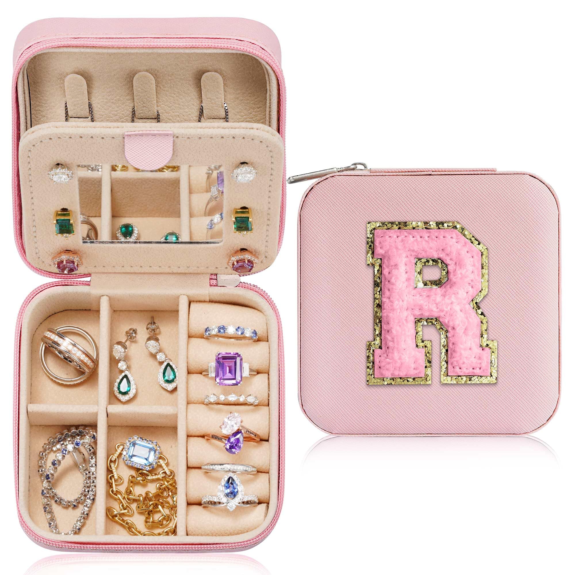 Parima Jewelry Organizer Box, Small Jewelry Box for Women Girls Initial R Travel Jewelry Case Small Jewelry Organizer Box Travel Jewelry Case Jewelry Box Organizer - Letter R, Pink