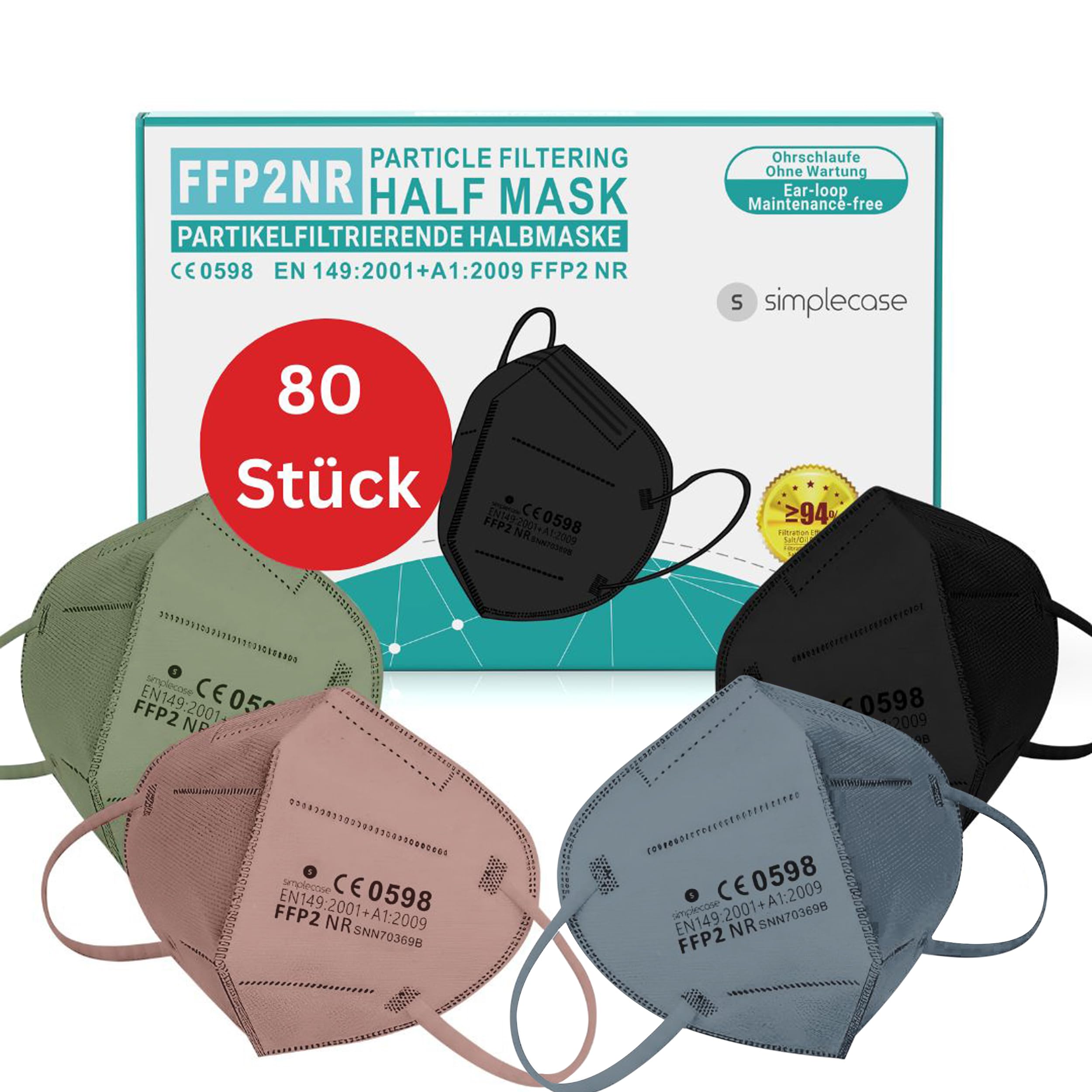 Simplecase - Mascarilla FFP2 (80 unidades, certificado por el organismo oficialmente designado 0598, respirador, máscara de filtro de partículas)