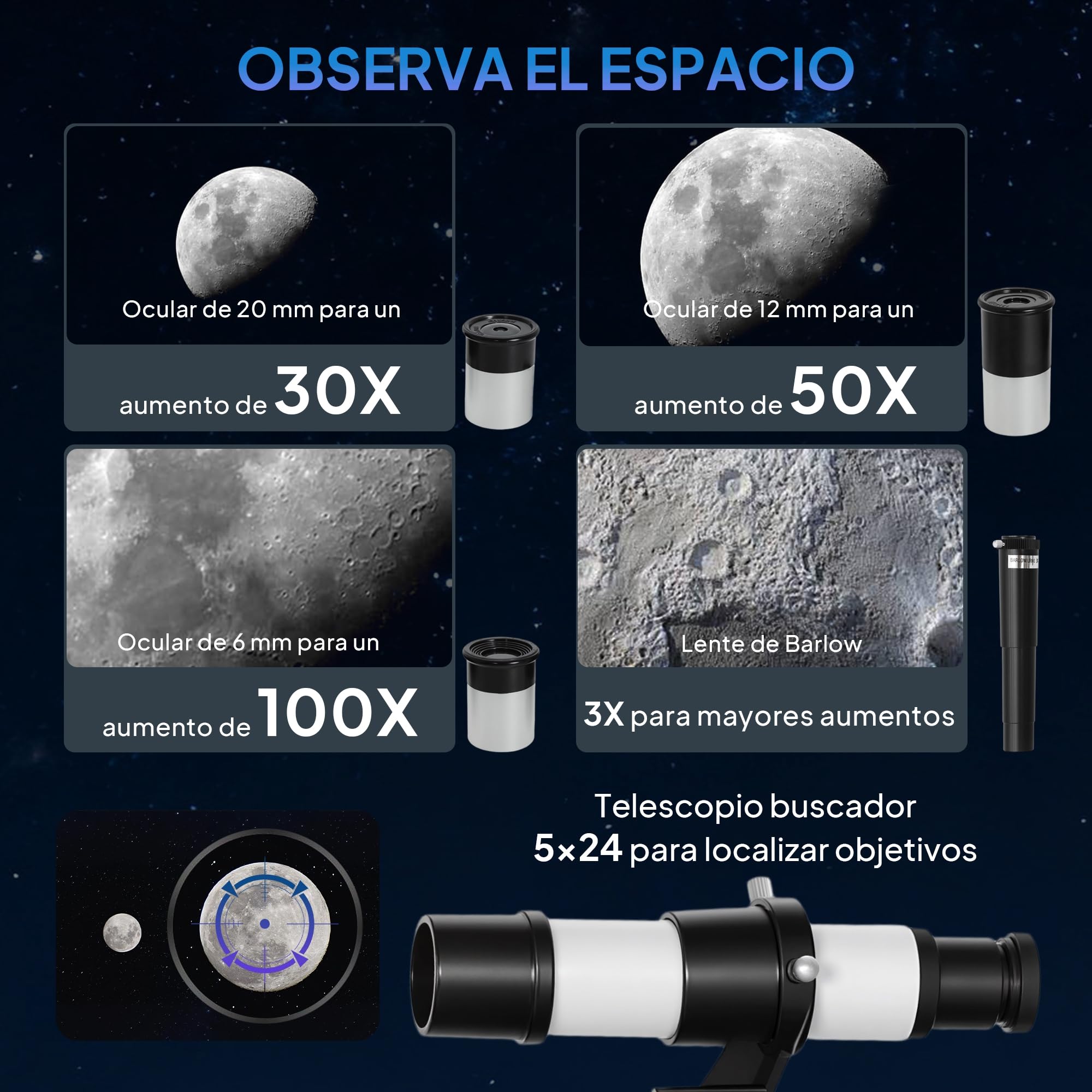 Outsunny Telescopio Astronómico para Adultos y Principiantes, Apertura de 70 mm, 30X-300X, 300 mm Telescopio Refractor Astronómico Portátil, con Lente Barlow 3X, Nivel y Trípode Ajustable de Aluminio