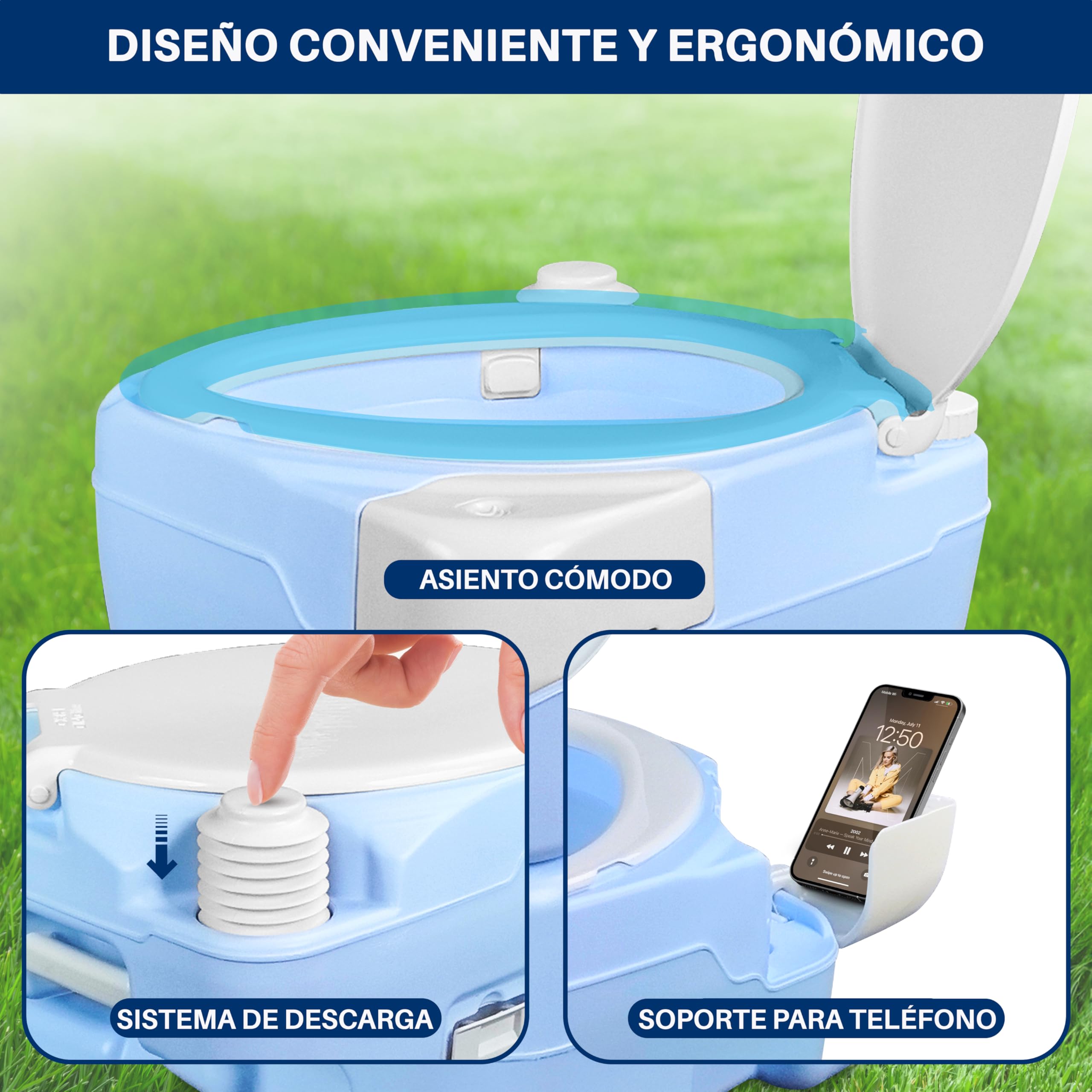 SereneLife WC portatil, Inodoro, Baño, con Bolsa de Transporte, Rociador Manual, Soporte para movil, Interiores, Exteriores, Liviano, Camping, Barcos, Viajes, 15L, 120 descargas