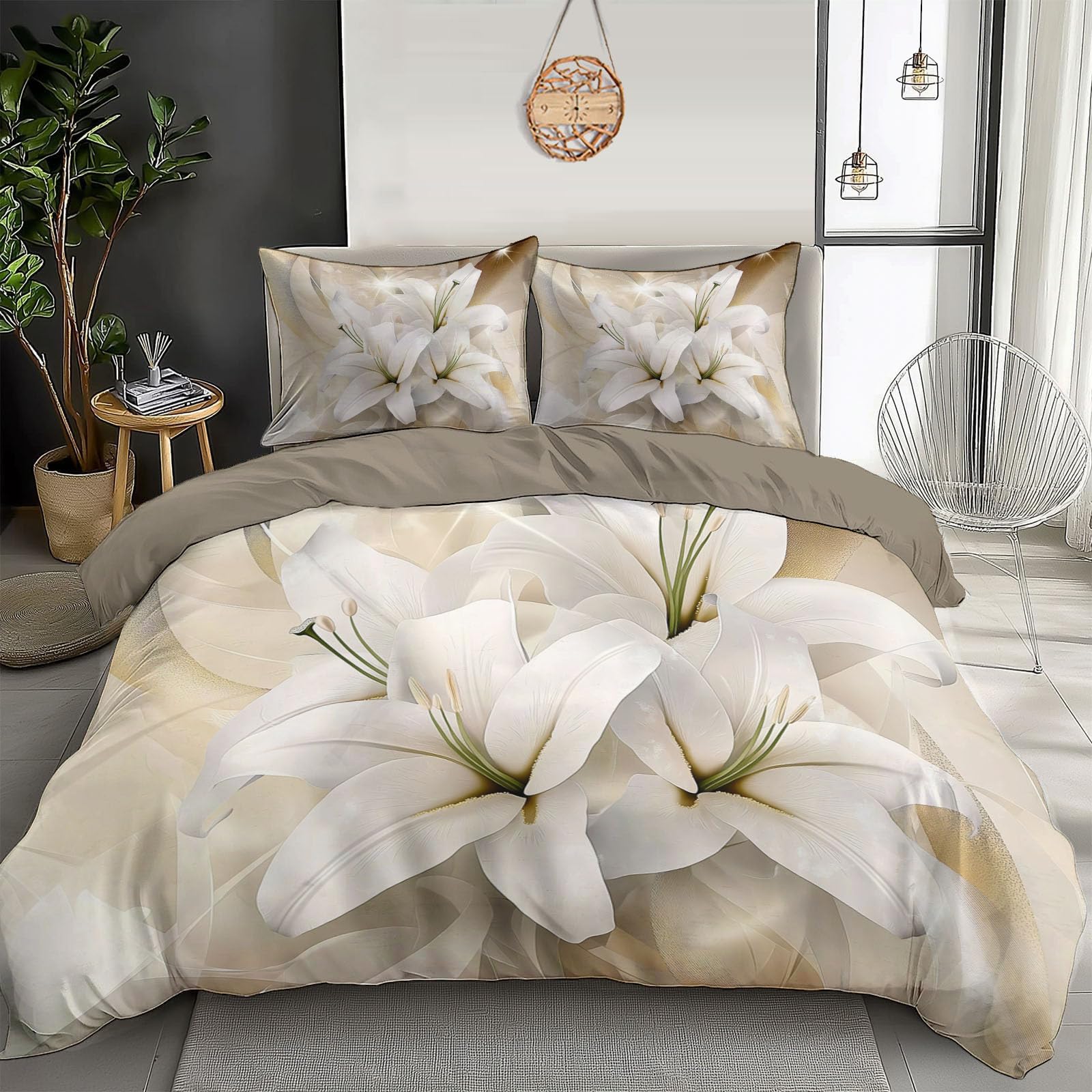 Bettwäsche 200x200cm Weiße Lilie Bettgarnitur Elegante Blumen Bettbezug Sets Bügelfrei und Knitterfrei Kissenbezug mit Reißverschluss und Kissenbezug 80x80 cm