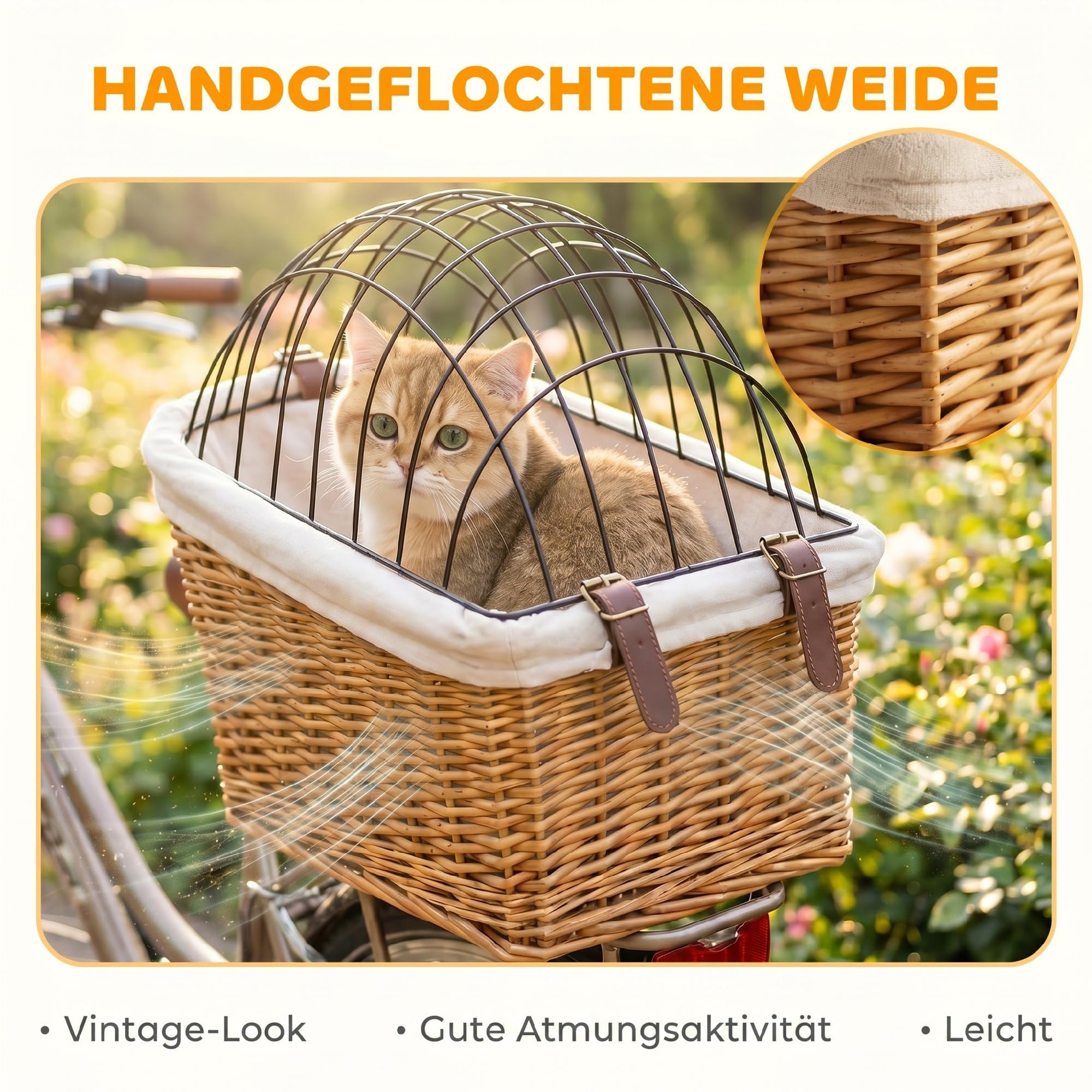 PawHut Hundefahrradkorb für Gepäckträger, Handgeflochtener mit Weichem Kissen Hundefahrradkorb Fahrrad Lenkerkorb für Hunde & Katzen, Hellbraun