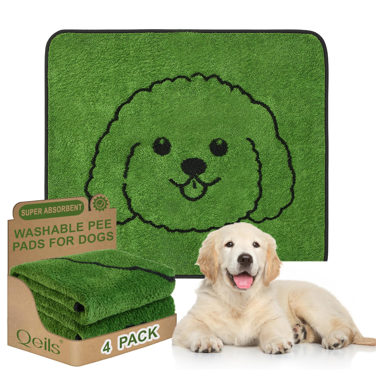 Qeils Reusable Puppy Pads, Washable Pee Pads for Dogs 4 Pack Durable Absorbent Leakproof Dog Training Pads for Home or Travel, Non-Slip Wee Wee Pads Potty Pads 30"x34"