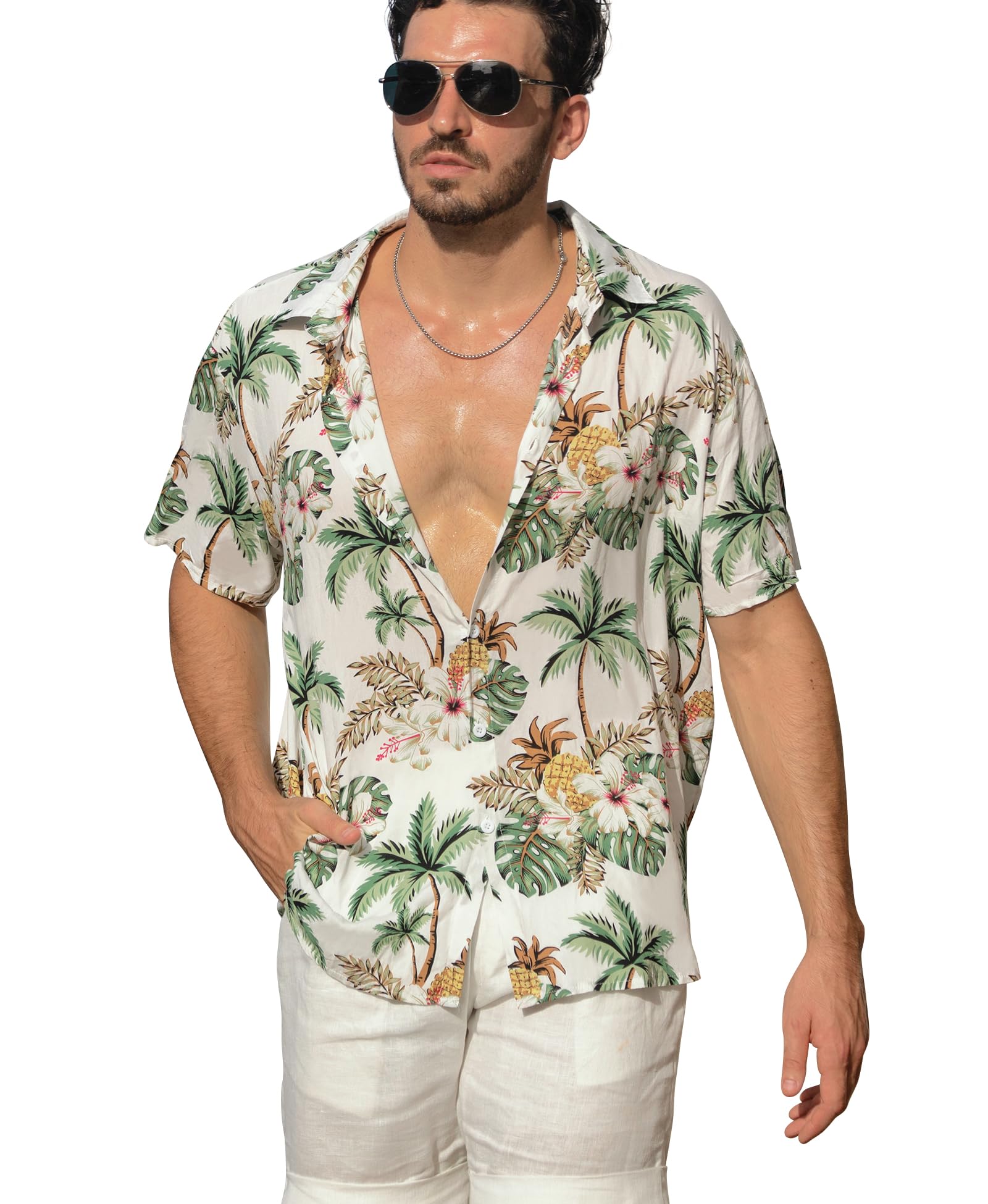 WeecreetureBig and Tall Men's Hawaiian Shirt - Short Sleeve, Tropical Floral Button Down Casual Summer Beach Shirt