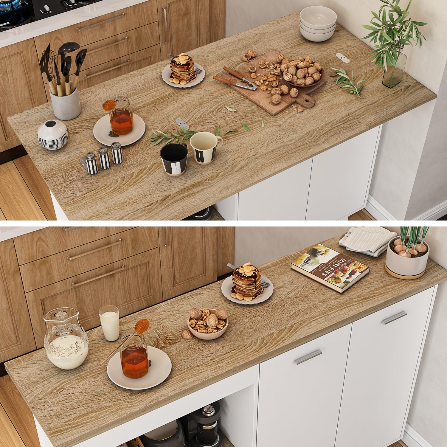 Caldion Central Îlot de Cuisine Buffet Salles à Manger avec Plan de Travail Pliable Meuble de Cuisine avec Plan de Travail Armoire de Cuisine avec tiroirs 150x40x93cm Bois&Blanc