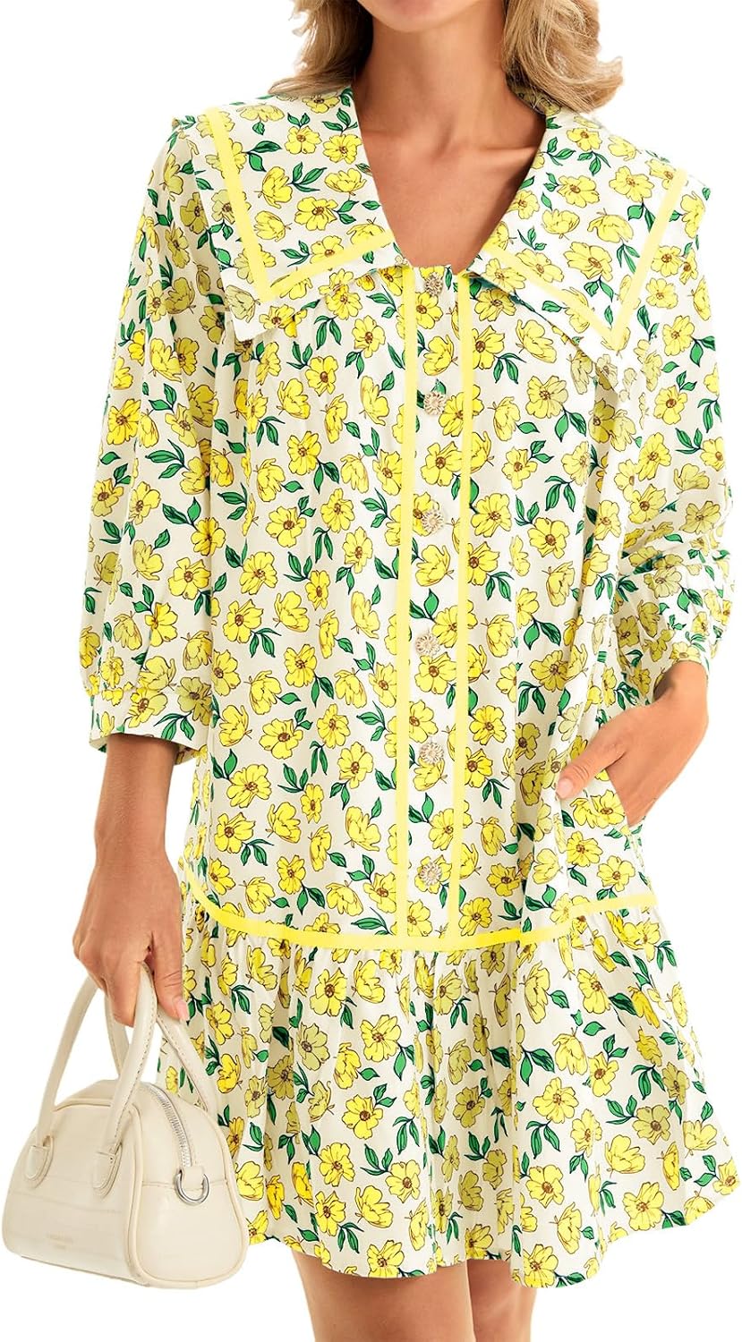 Wenrine Womens Casual Shirt Dresses 3/4 Long Sleeve Floral Button Down Flowy Babydoll Fall Mini Dress