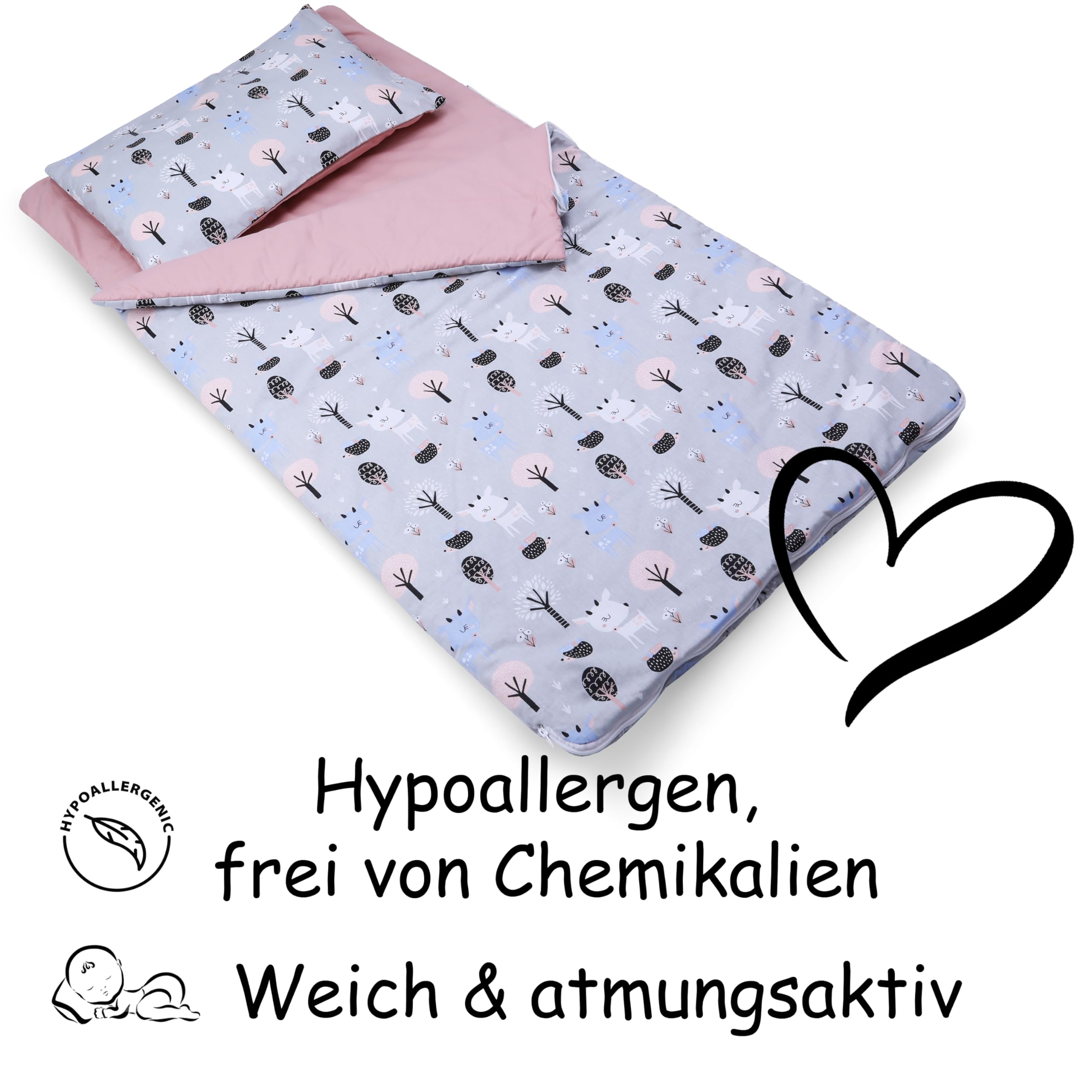 PinkZebra Schlafsack Kinder 140x75 cm mit Kissenbezug 60x40 cm & Beutel, Öko-Tex, Bambi