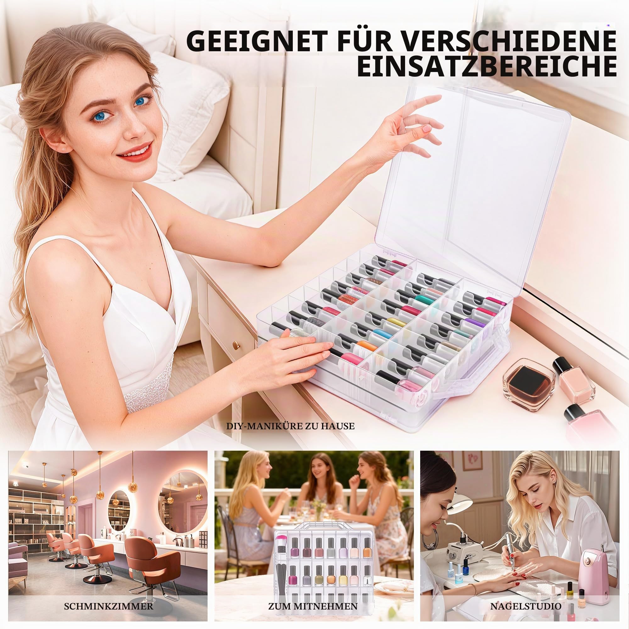 DreamGenius Tragbarer Nagellack-Organizer für 48 Flaschen, doppelseitig und verschließbar, Gel-Nagellack-Halter, platzsparend, mit 8 verstellbaren Trennwänden Kosmetik