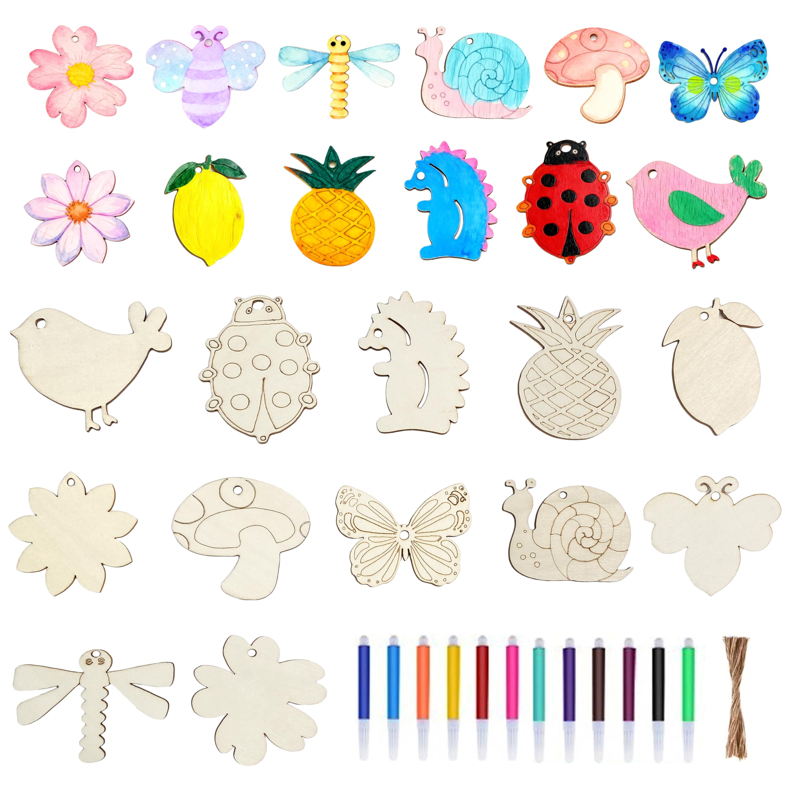 Wooden Animals Wooden Craft Shapes Unfinished Wooden Ornaments with Coloring Pens & Hanging Ropes for DIY Decor Creative Art Projects, Personalized Home Accents & Seasonal Decoration