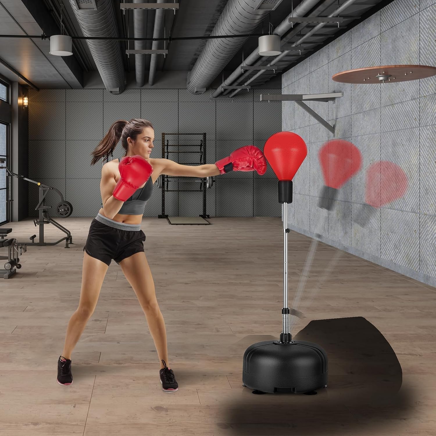 GYMAX Juego de Boxeo de Pie con Base Rellenable, 140 a 158 cm Altura Ajustable, con Guantes de Boxeo, para Adultos y Niños, para Boxeo, Kickboxing y Slivio del Estrés