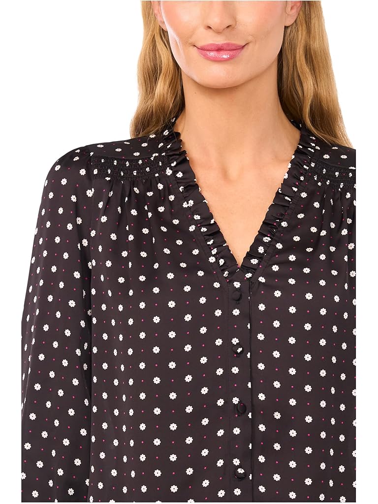 Black CeCe V-neck 3/4 Sleeve Button Front Top