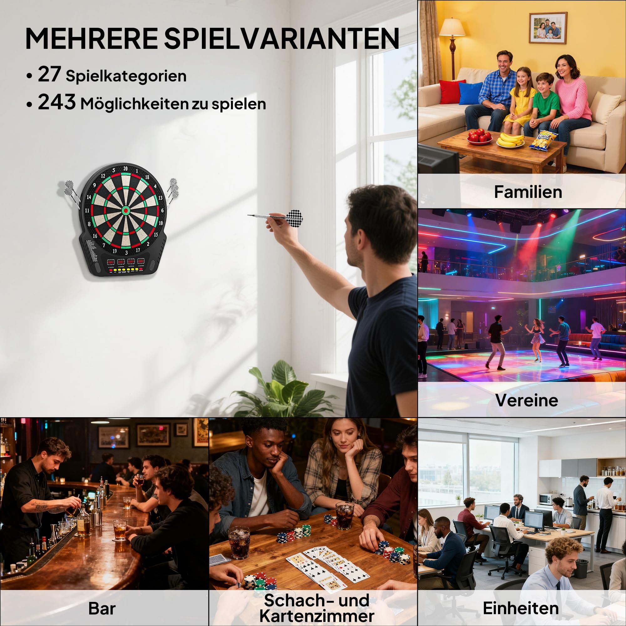 HOMCOM Elektronische Dartscheibe Dartboard Dart-Set mit LED Anzeige mit automatischer Wertung Soundeffekte 6 Darts 24 Dartköpfe 27 Spiele und 243 Trefferoptionen für 16 Spieler 44 x 51,5 x 3,2 cm