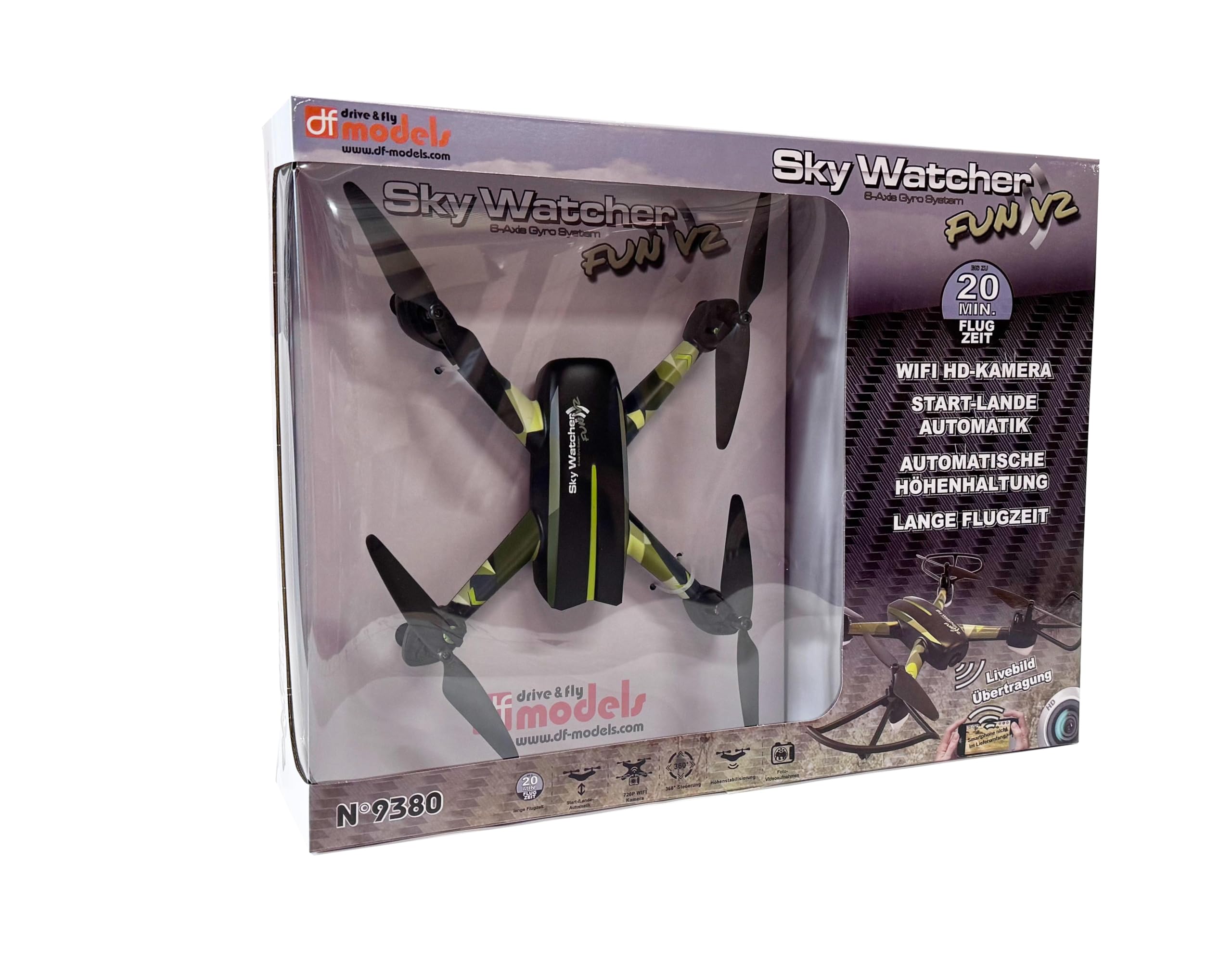 Unbekannt DF Models SkyWatcher Fun V2 dron RTF-FPV (długość x szerokość x wysokość 300 x 300 x 65 mm, waga 170 g, maks. 60 km/h, od 14 lat, samochód, zabawkowa ciężarówka) 9380