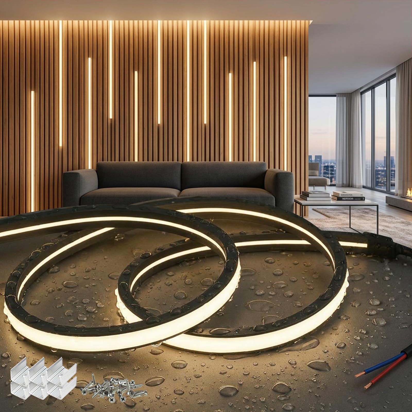 20 Metri Striscia LED Neon Pannelli Fonoassorbenti Senza Presa Silicone 220V Nero Strisce Led Esterno Impermeabile IP65 Flessibile Luci Leds Camera da Letto Bianco Naturale 4000K Tagliabile