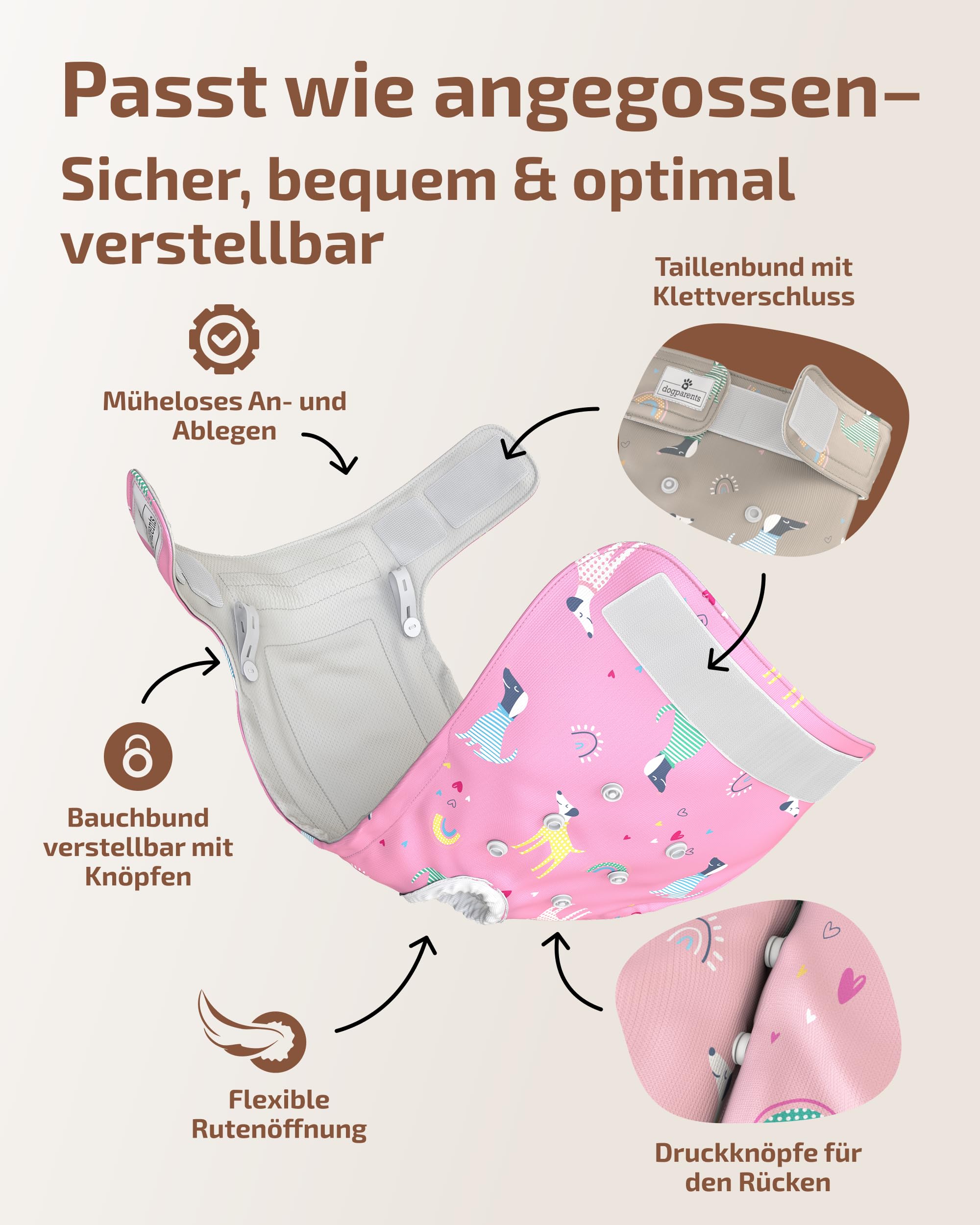 Hundewindeln für Hündinnen, Rüden & Katzen [3 Windeln für Hunde 4-lagiger Kern] Waschbare Läufigkeitshose für Hündinnen [Hundehöschen Läufigkeit & Inkontinenz] (Rosa | Pink | Beige, M, 3, stück)