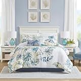 Cozy Cotton Comforter Set - Coastal, All Season Down Alternative Casual Bedding with Matching Shams, Decorative Pillows, Lorelai, Monstera Leaf Green Queen(92