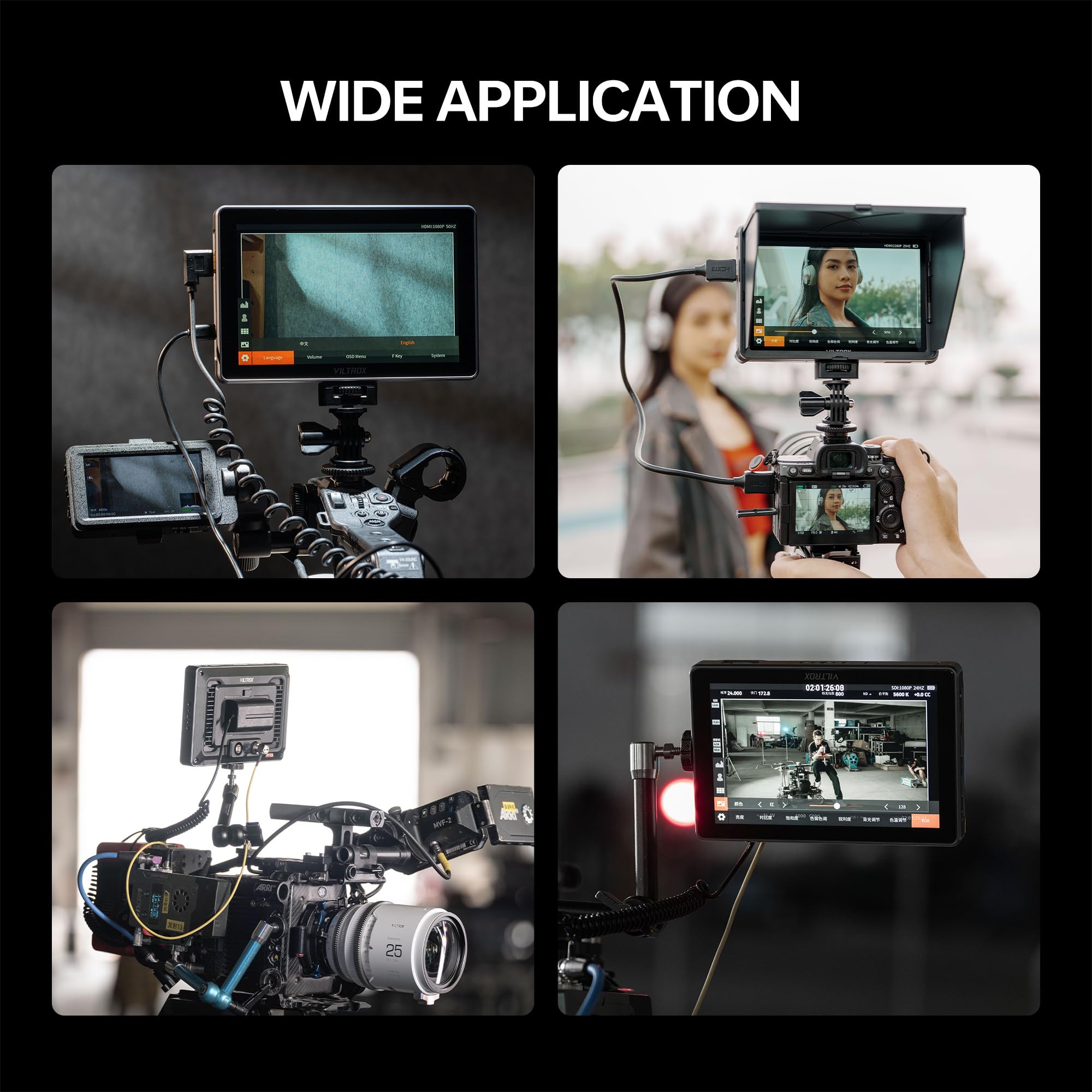 VILTROX DC-L1 7" Kamera Field Monitor Touchscreen DSLR Kamera Monitor mit 170° Weitwinkel 600 Nits, HD 1280x800 IPS 4K HDMI Loop In/Out mit Peak Focus Video Assist Waveform, Akku & Sonnenblende