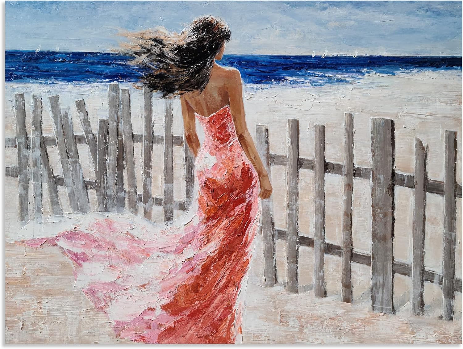 NdcSkyArt Beach Canvas Wall Art - Beautiful Lady, Fence, Coastal Pictures - Hand Painted Seaview Artwork for Living Room, Bedroom, and Bathroom 16"L x 12"W Beach Lady Art