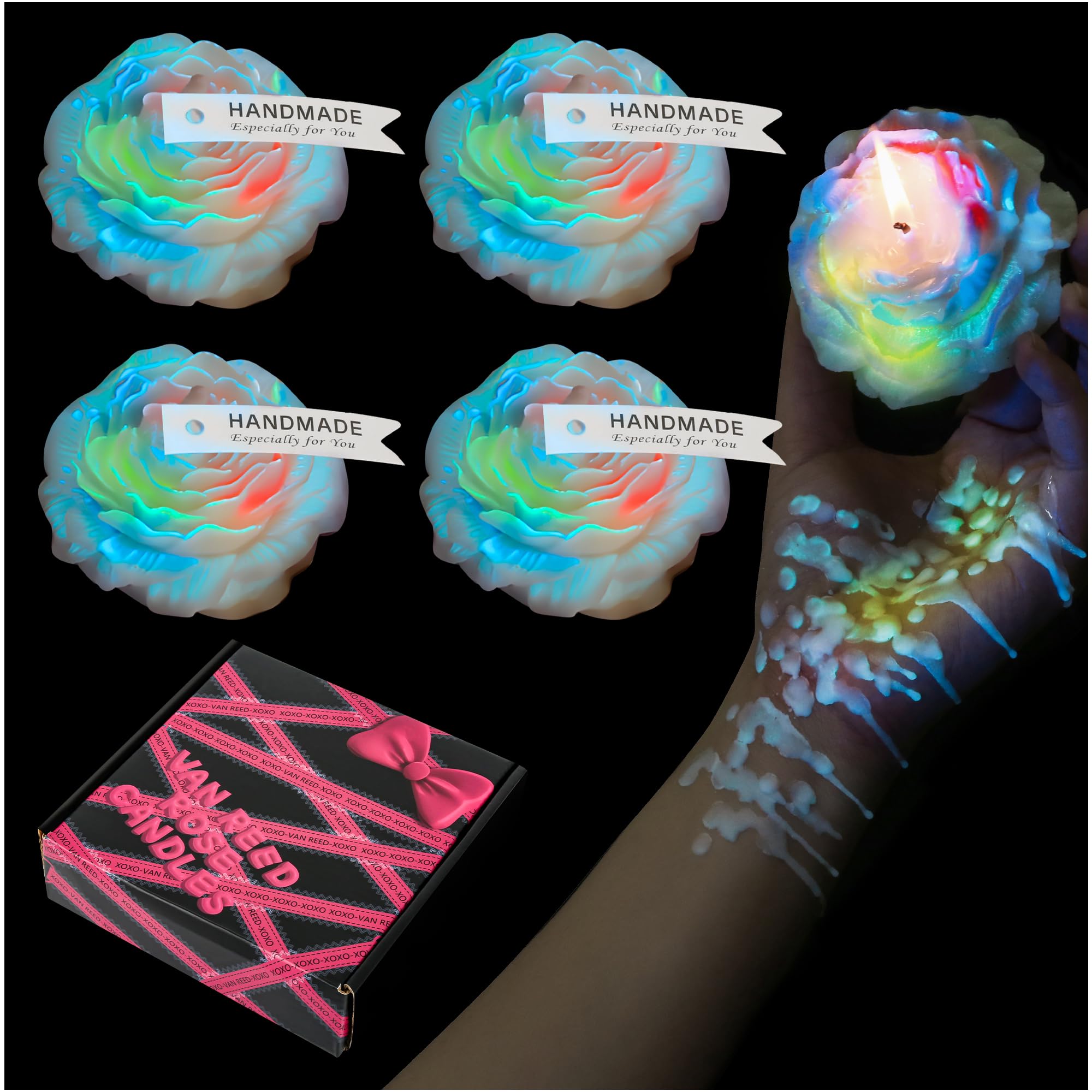 SUPXYC 4PCS Low Temperature Candle, Low Heat Body Safe Candles Wax Play, Romantic Wax Play Candles, Flower Shaped Scented Candle for Couples(3.1 Inch, Fluorescence)