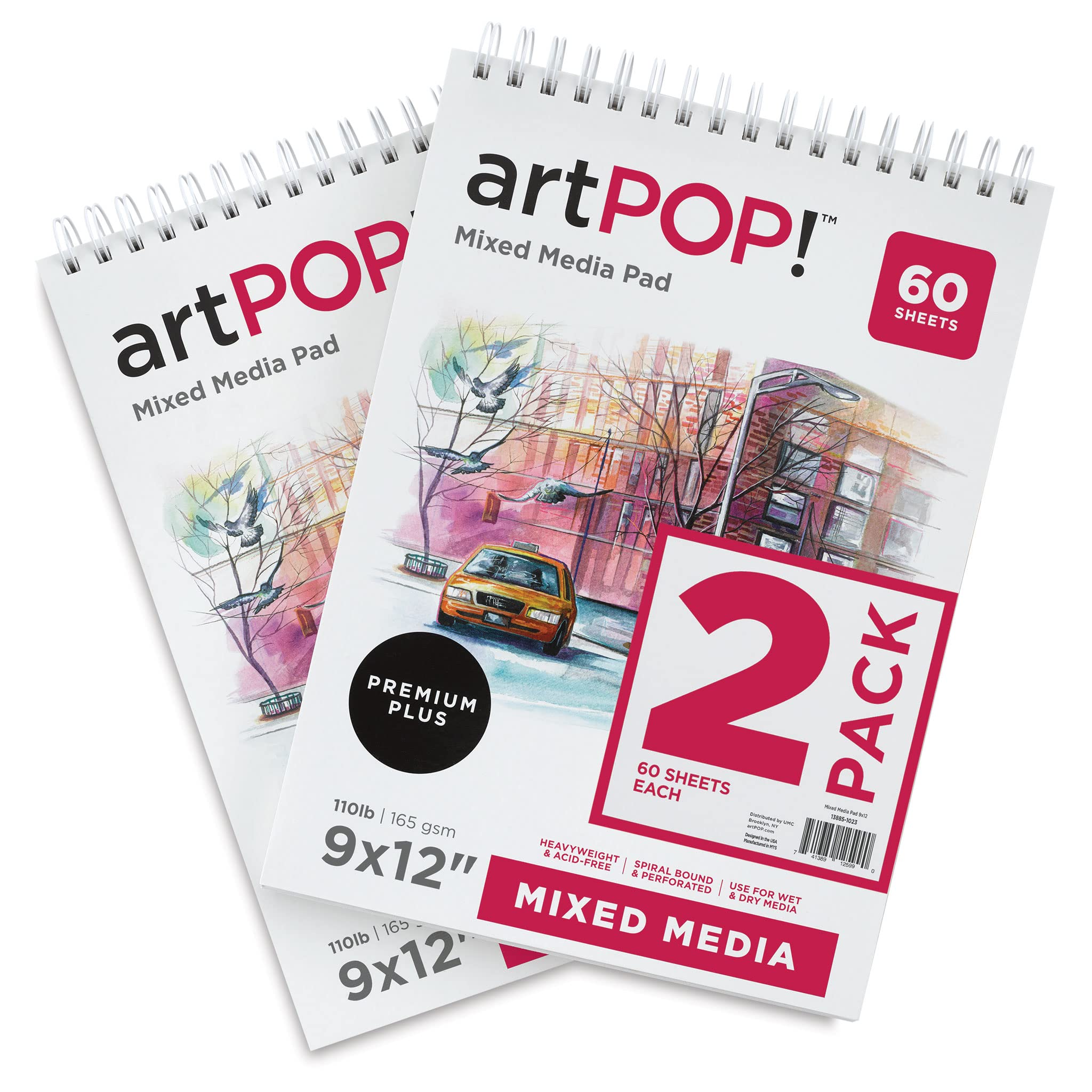artPOP! Mixed Media Pads, 2-Pack, 9" x 12", 60 Sheets Each, 100 lb (165 GSM), Acid Free, for Wet and Dry Media, Double Wirebound Sketchpad for Graphite, Colored Pencil, Watercolors, Markers, Pastels