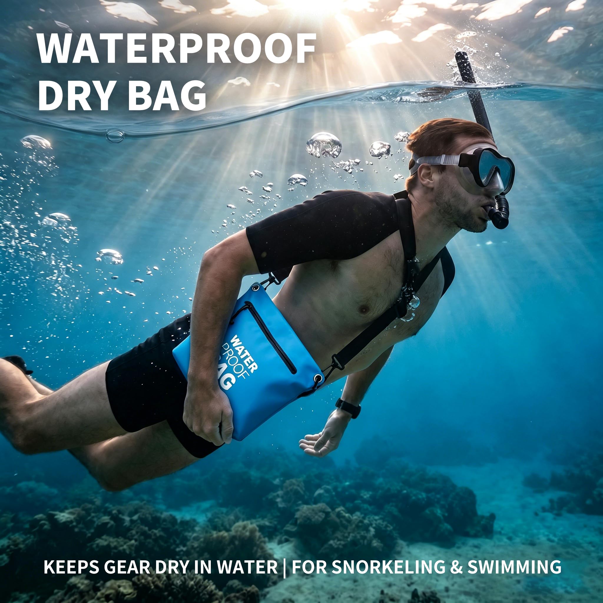 wasserdichte Umhängetasche mit Luftdichtem Reißverschluss, Leichter Dry Bag mit Verstellbarem Gurt für Strand, Schwimmen, Reisen und Alltag (Hellblau)