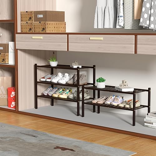 Miniatura 4 de Zapatera de bambú de 3 niveles para armario, estante de madera para zapatos, para entrada, espacio pequeño, apilable, 27 x 11 x 20 pulgadas (café)