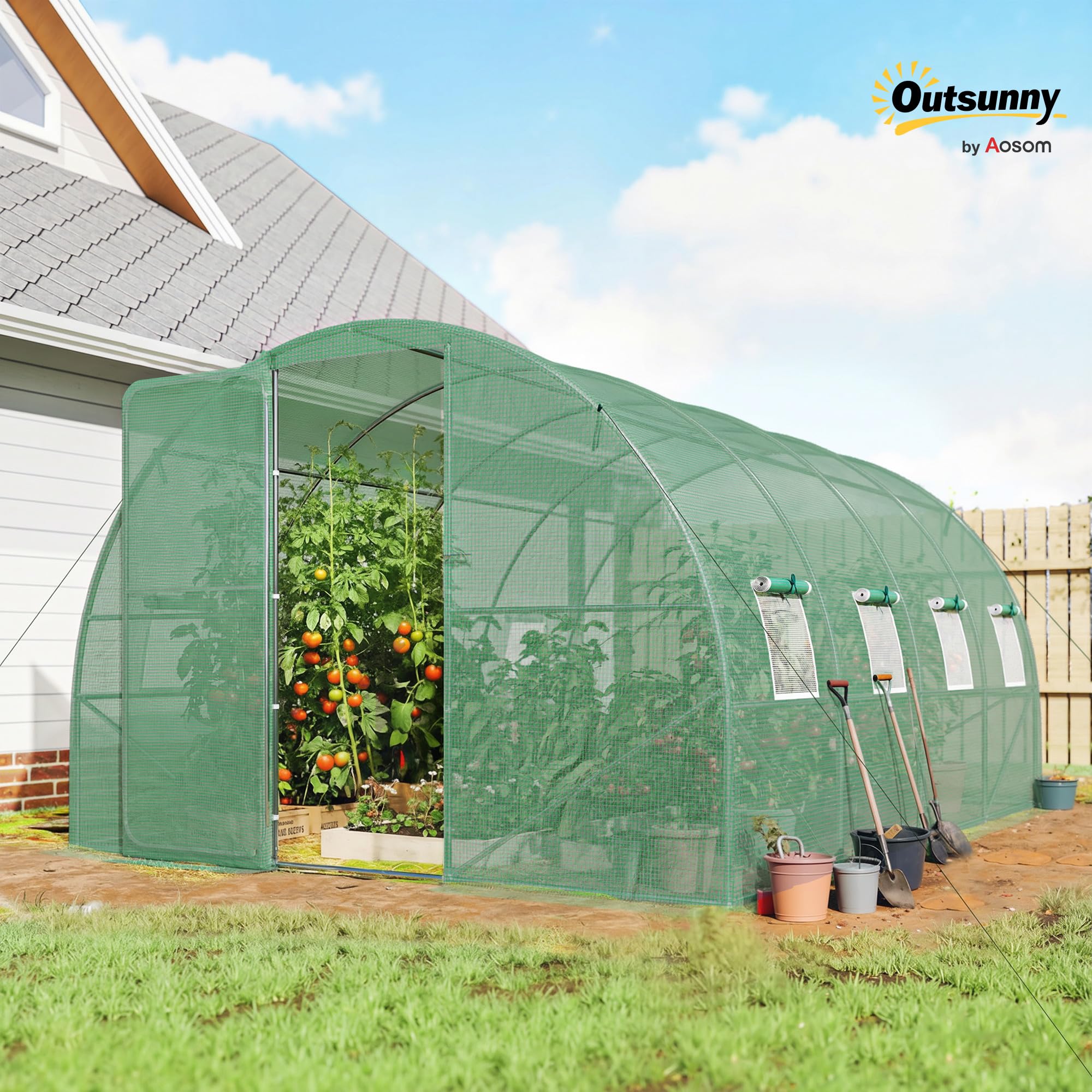 Outsunny Serre Tunnel de Jardin 12m² 295x400x200cm Cadre Acier galvanisé Porte 8 fenêtres bâche PE 140 g/m² Vert